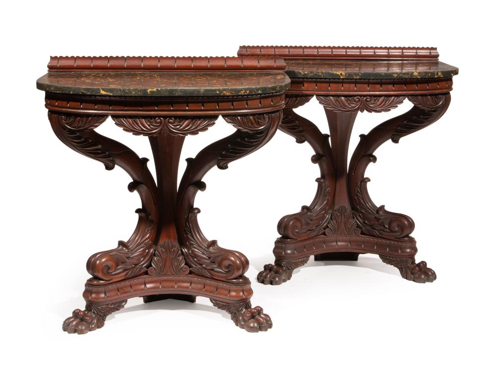 PAIR AMERICAN CARVED MAHOGANY CONSOLESRare 2e333f