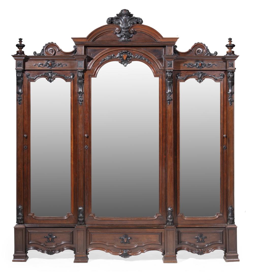 CARVED ROSEWOOD TRIPLE DOOR ARMOIRE,