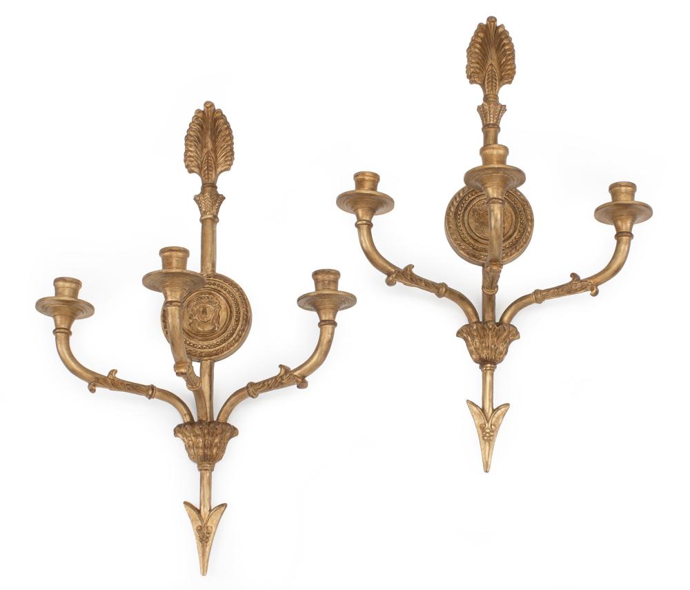 PAIR FRENCH CARVED GILTWOOD THREE LIGHT 2e345b