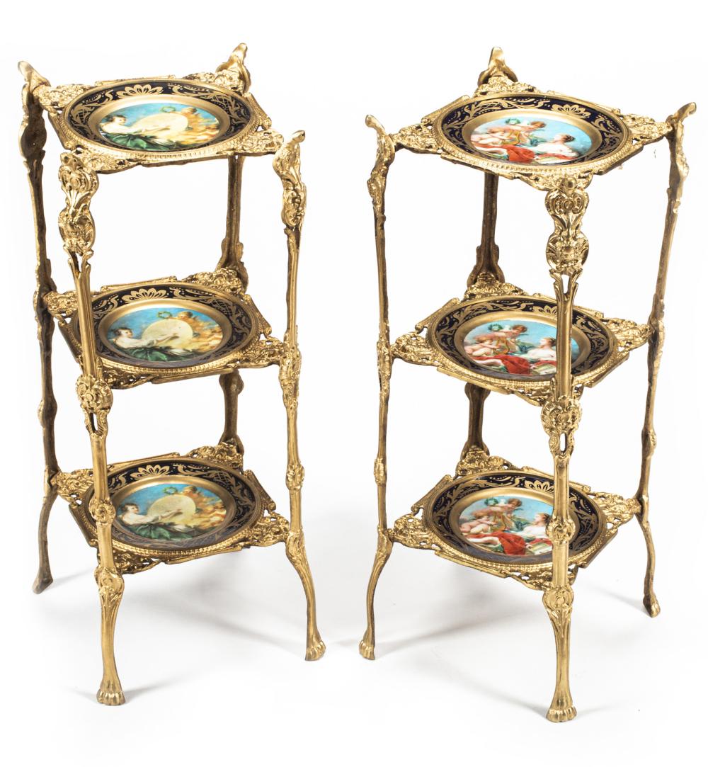 PAIR OF BRONZE, PORCELAIN THREE TIER