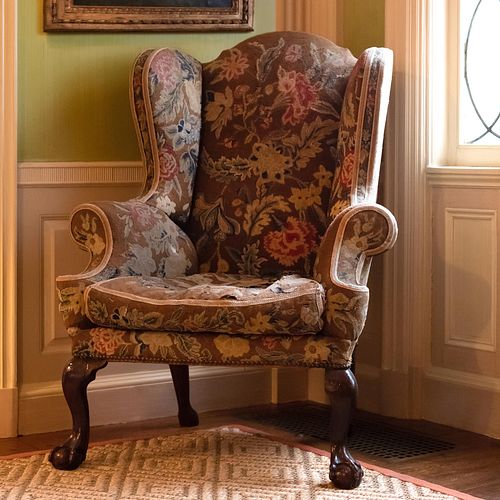 GEORGE III OAK AND NEEDLEWORK UPHOLSTERED