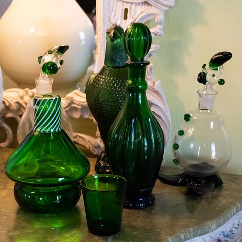 GROUP OF GREEN GLASS DECANTERSComprising:

A