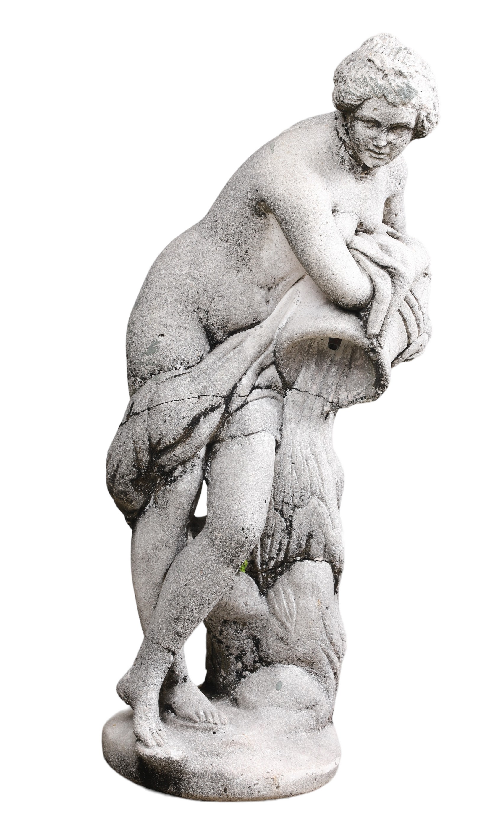 Cement garden statue of nude maiden