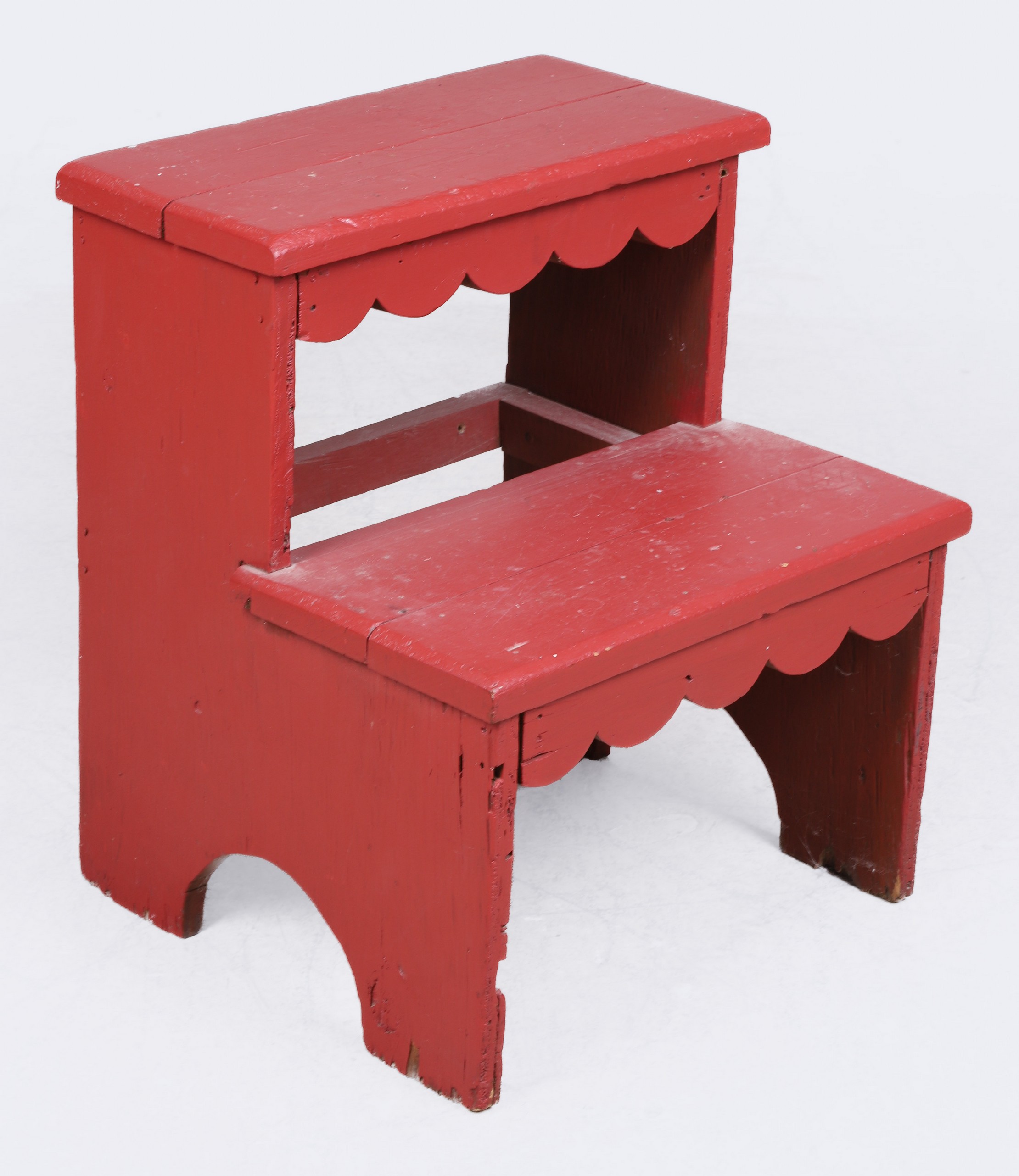 Pine red painted footstool, scalloped