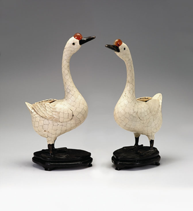 Pair of Chinese bone veneered geese