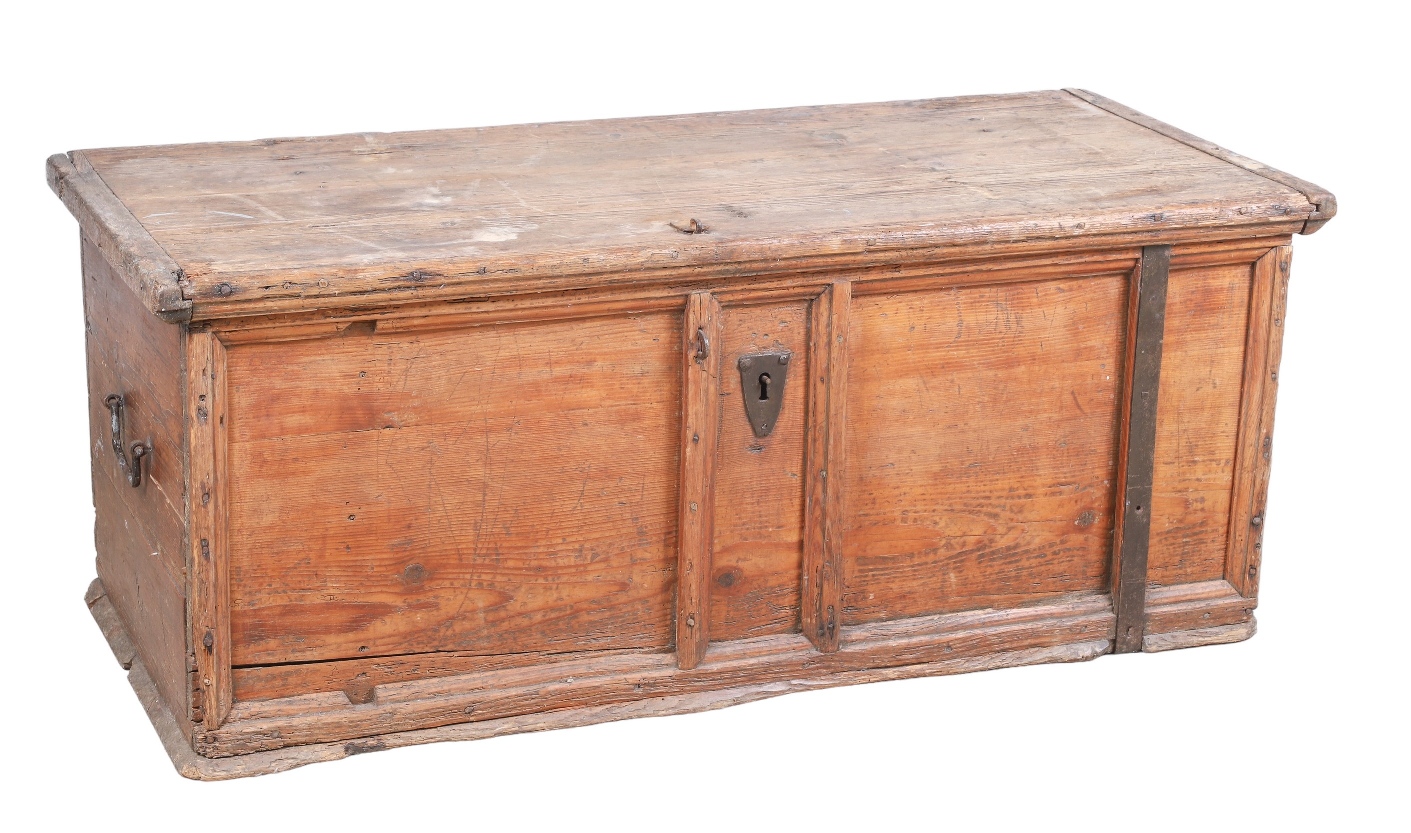 Pine travel trunk, wrought iron