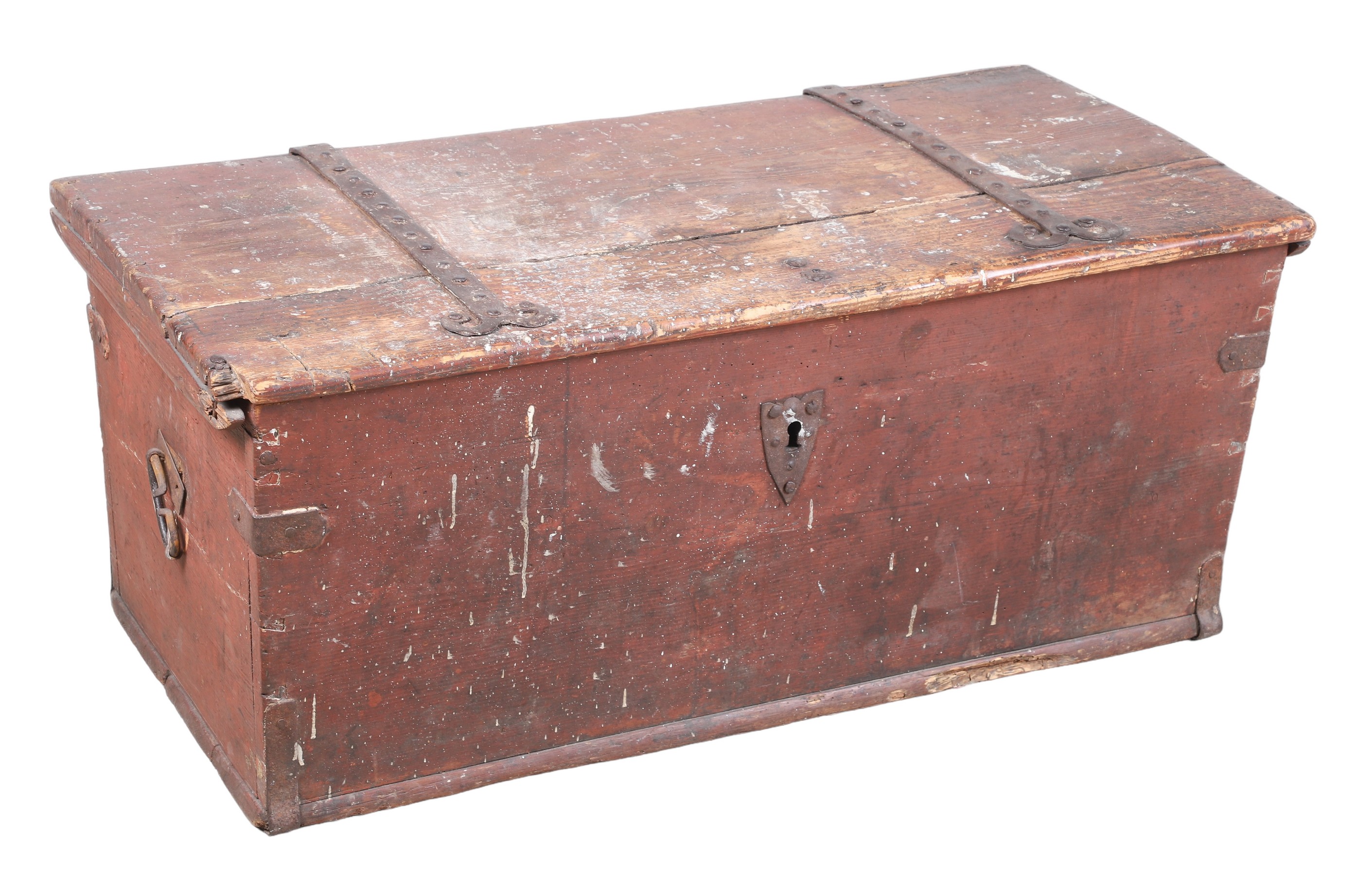 Pine travel trunk, wrought iron