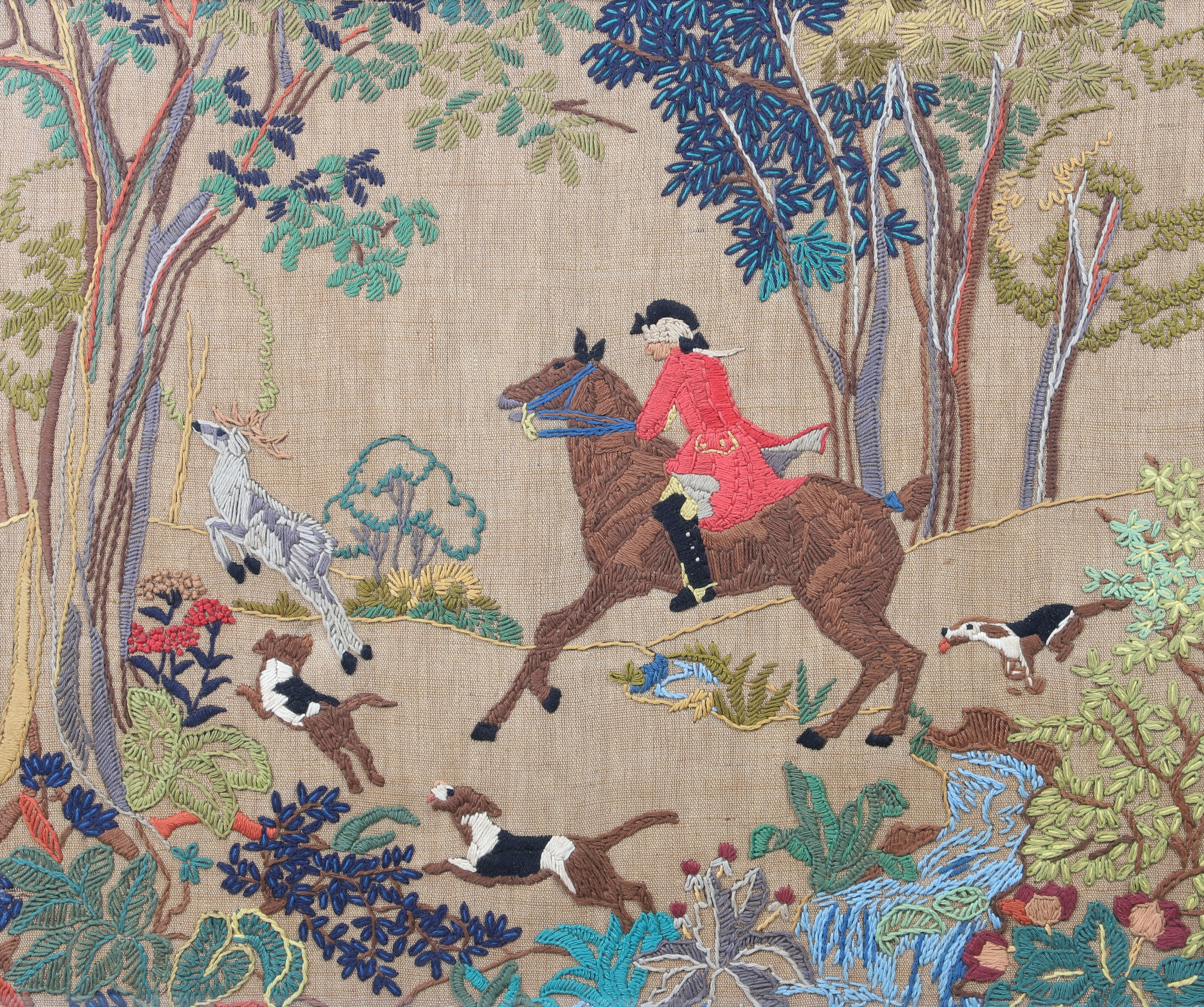 Framed embroidery of a hunt scene  2e153f