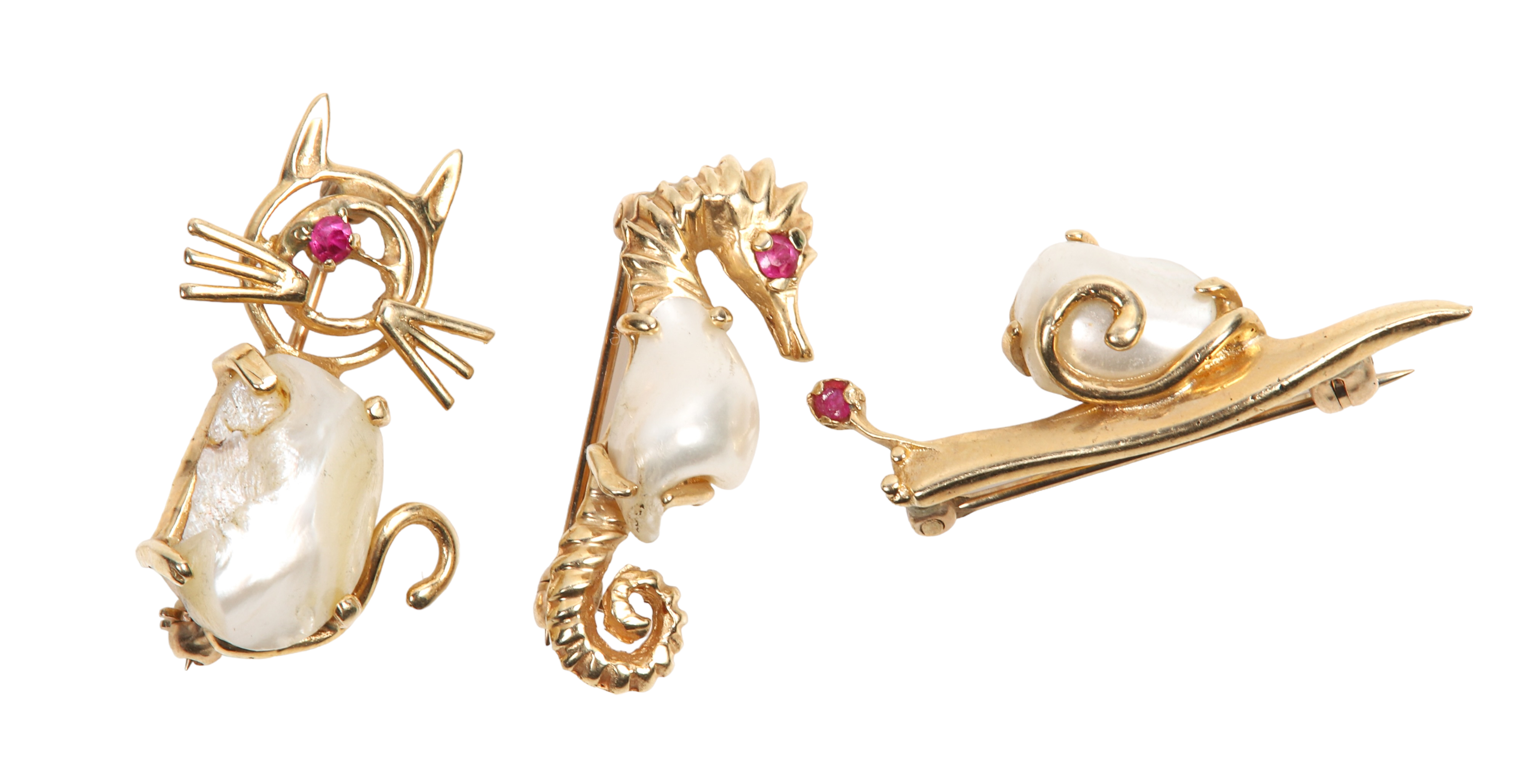 (3) 14K baroque pearl and ruby