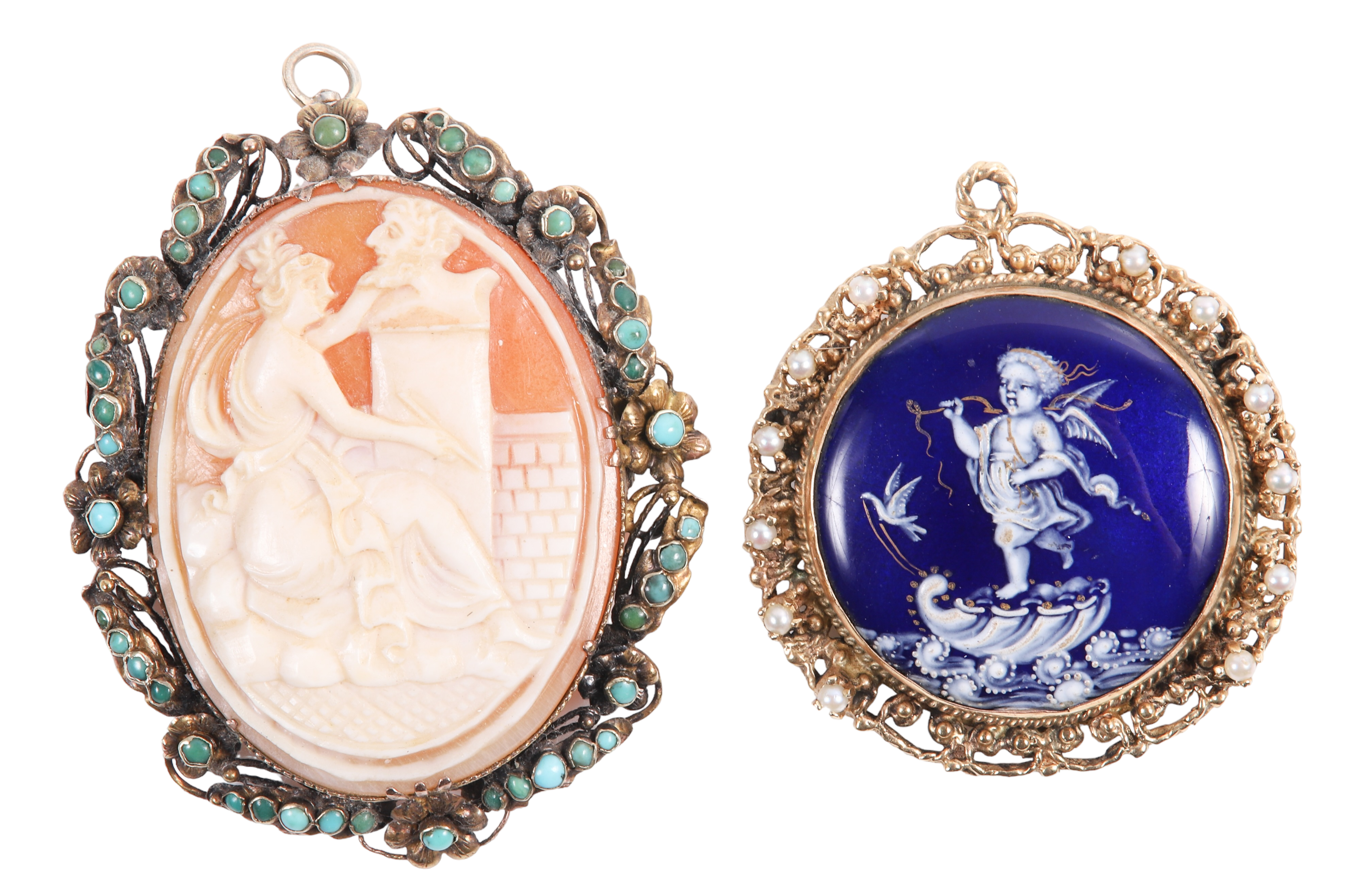 (2) 14K framed shell cameo and