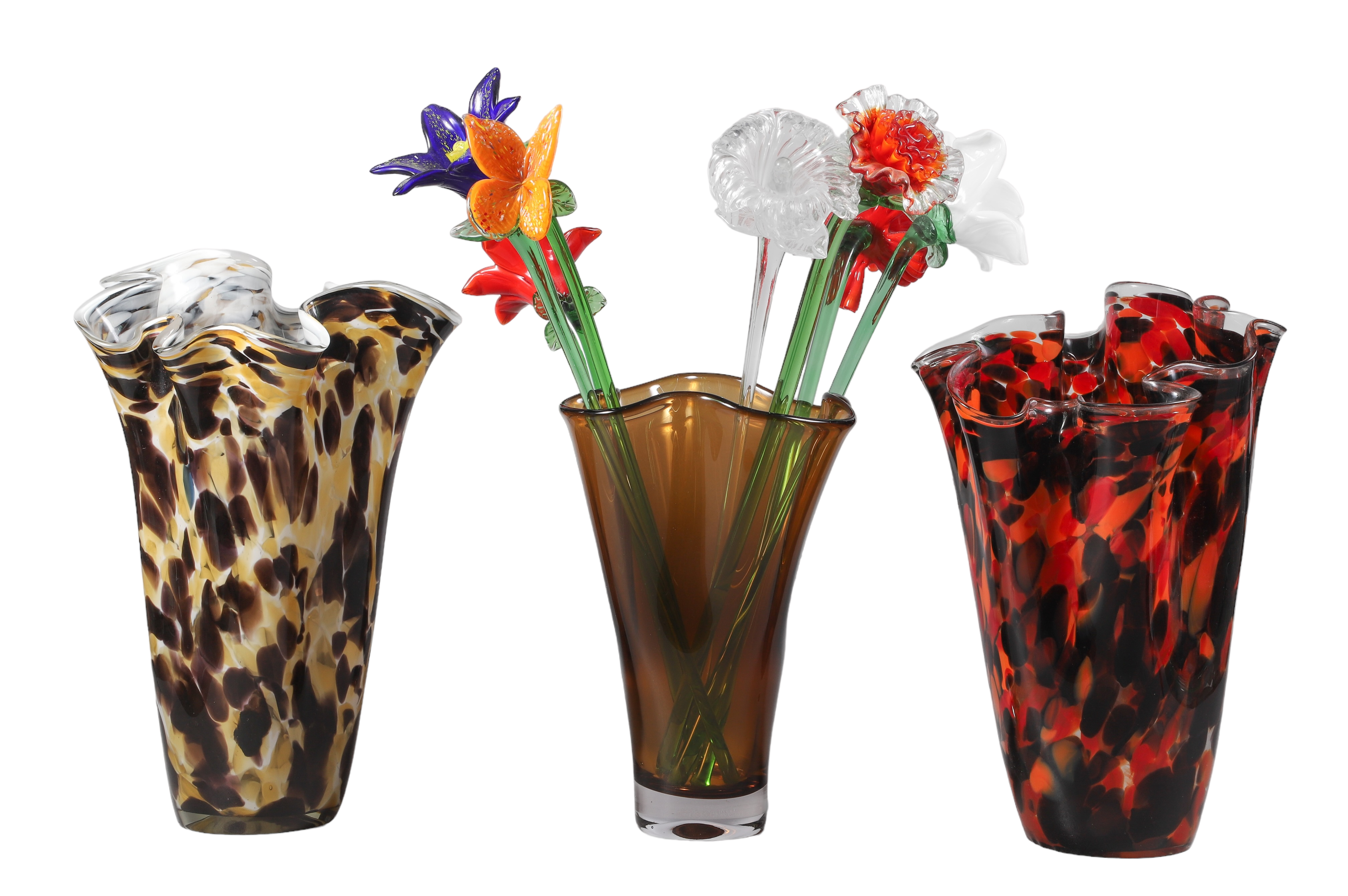  3 Art glass kerchief vases and 2e15d3