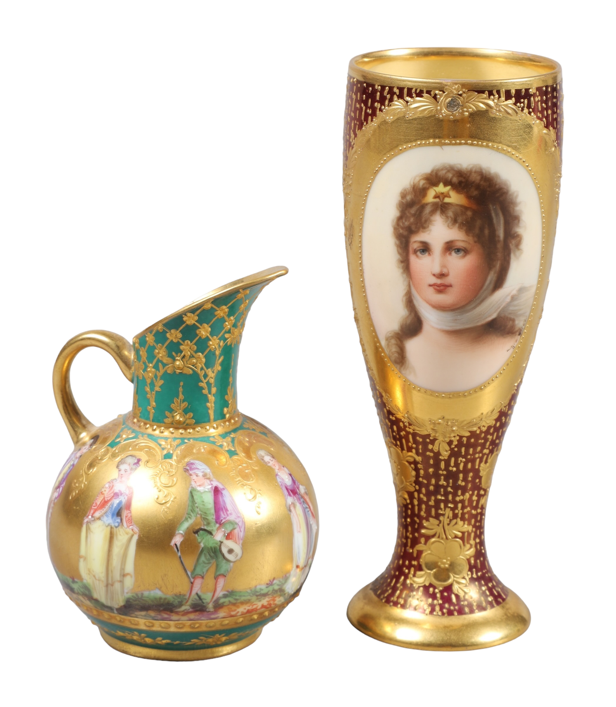 Dresden portrait vase and creamer to