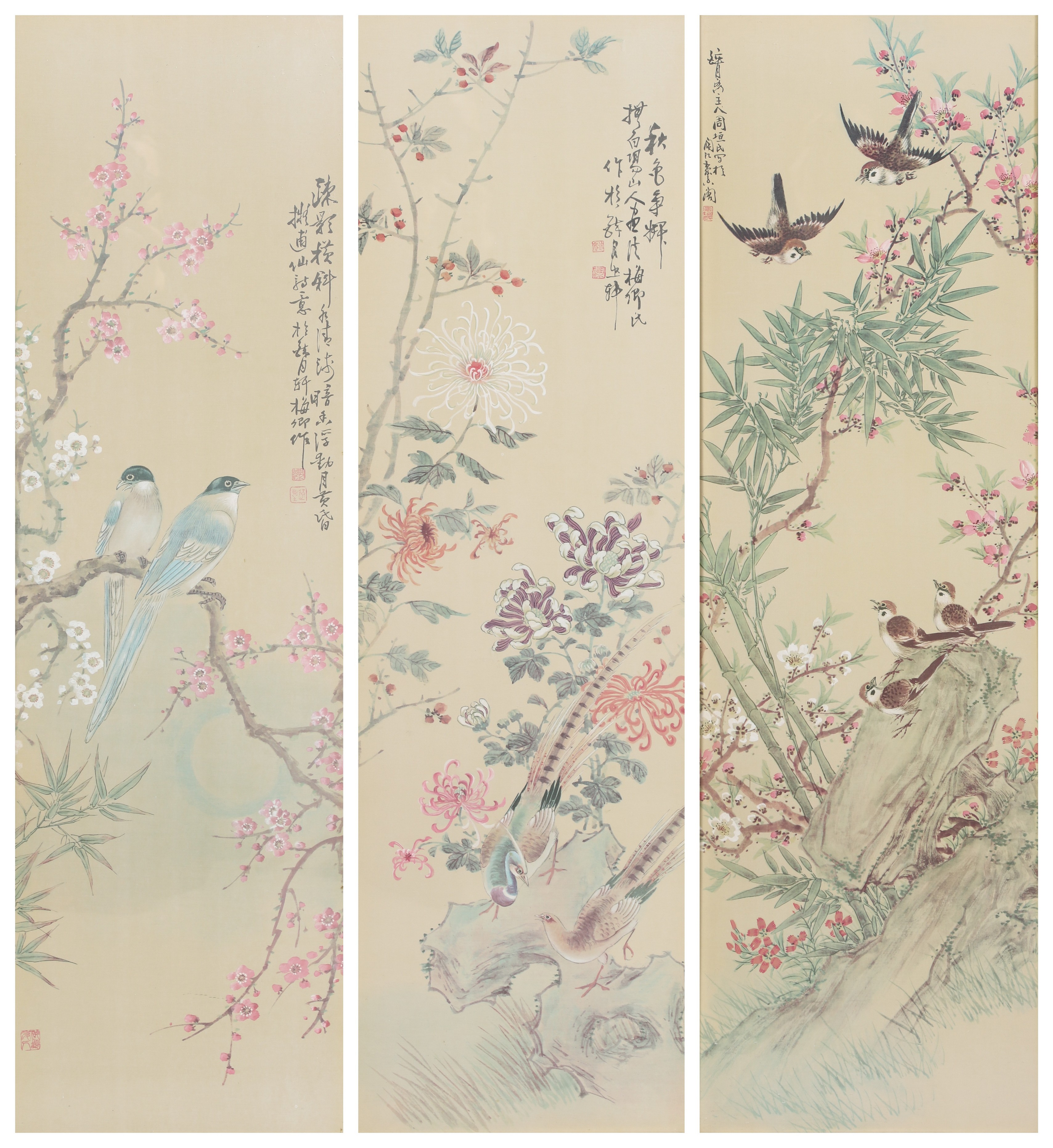 (3) Framed Chinese prints on fabric