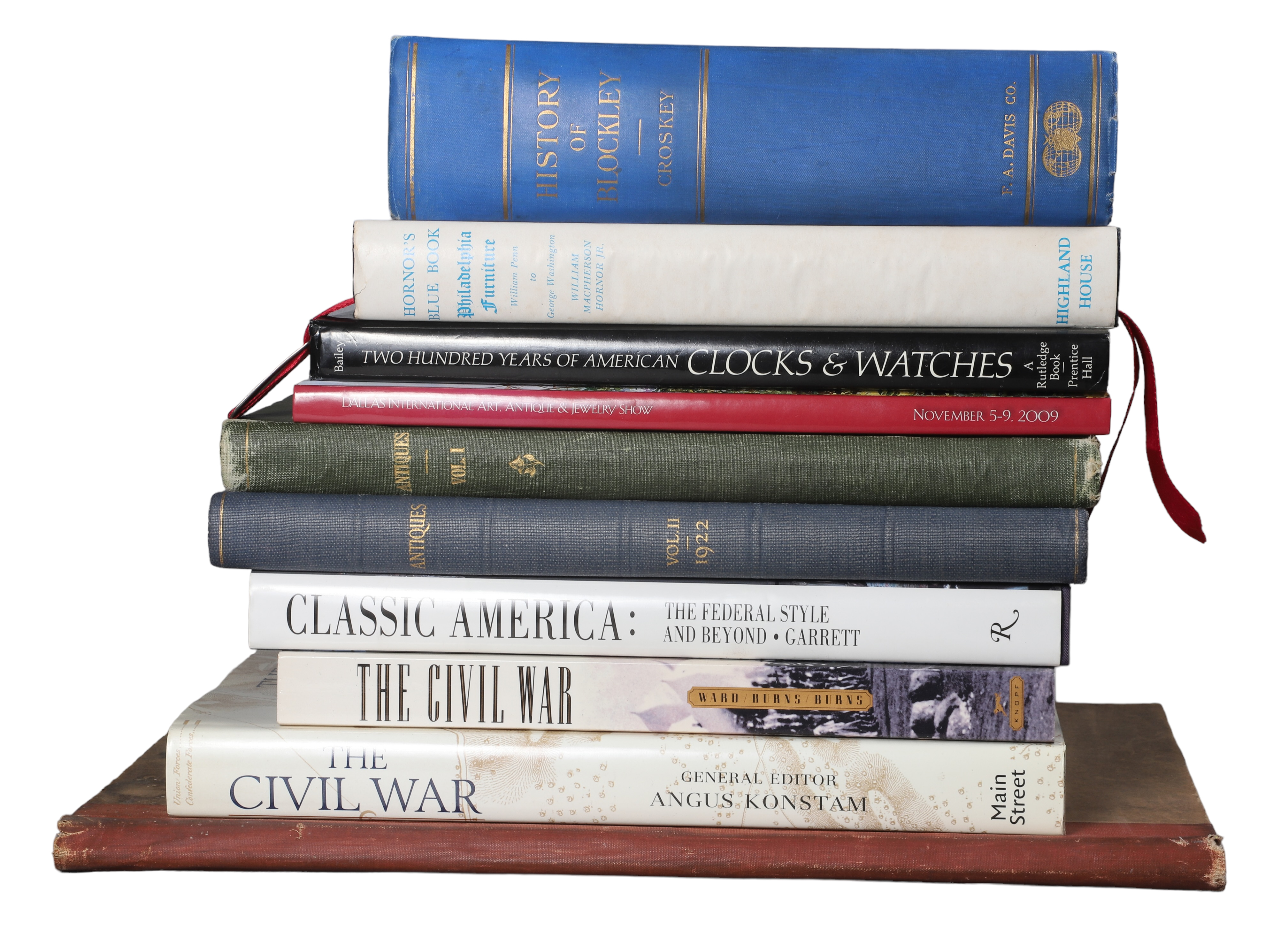 Ten books on antiques and history, including