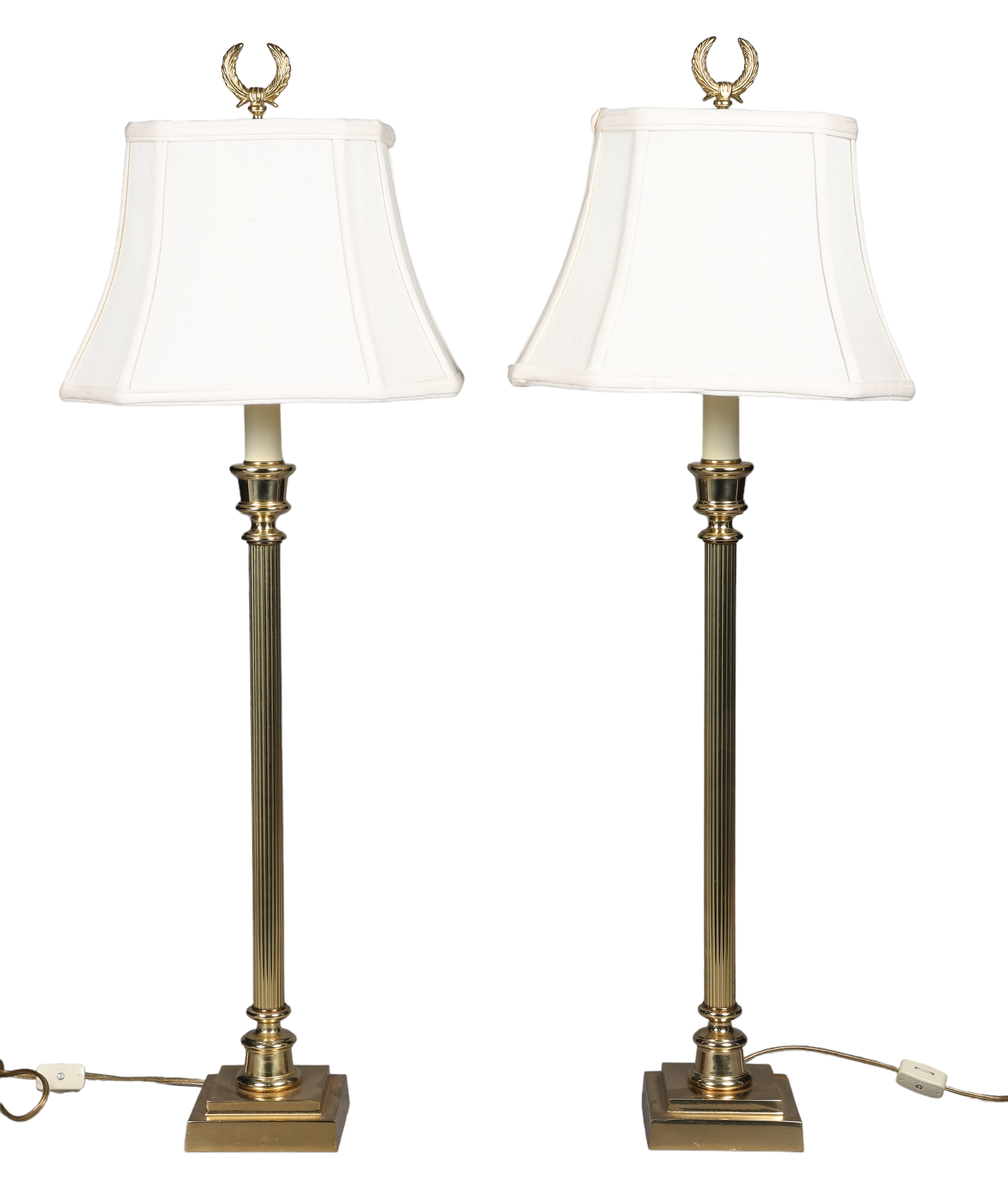 Brass column candlestick lamp pair,