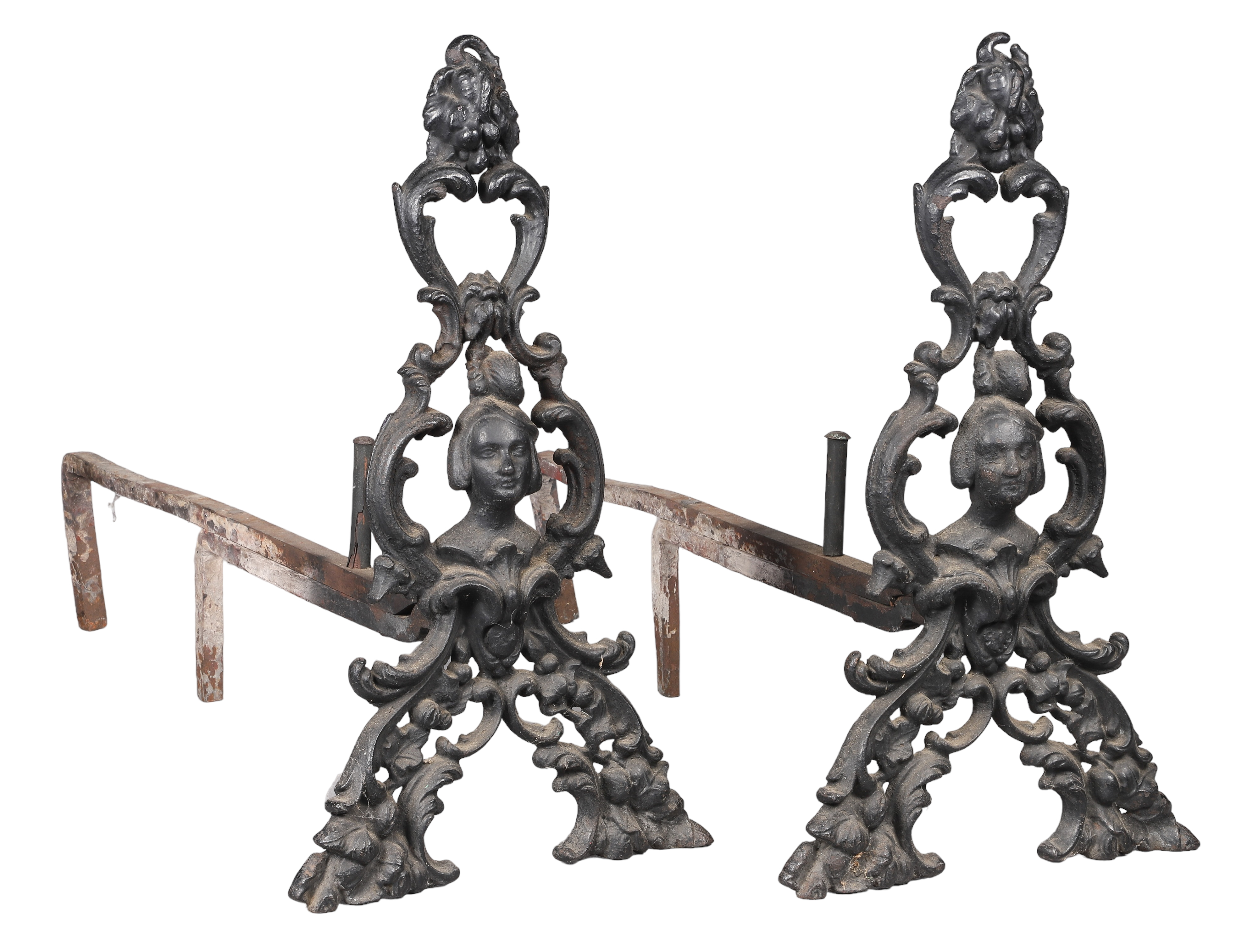Pair of cast iron andirons, scrolls