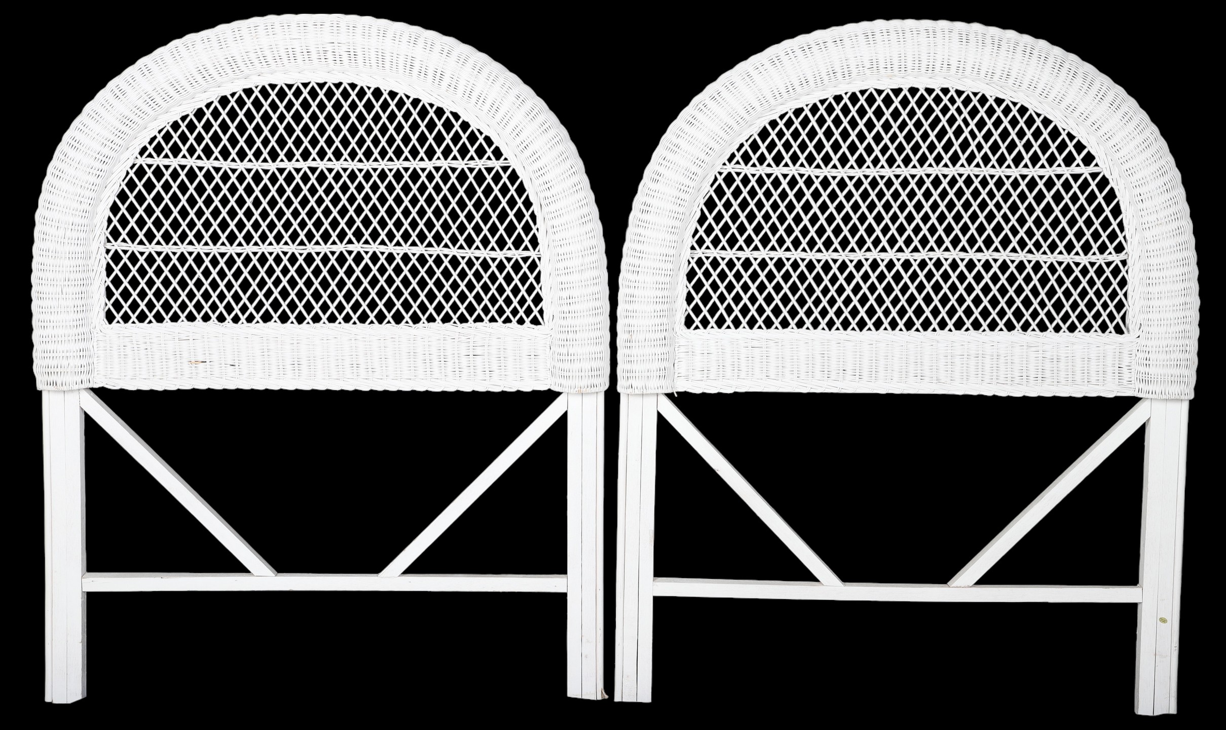 (2) White wicker twin size headboards,