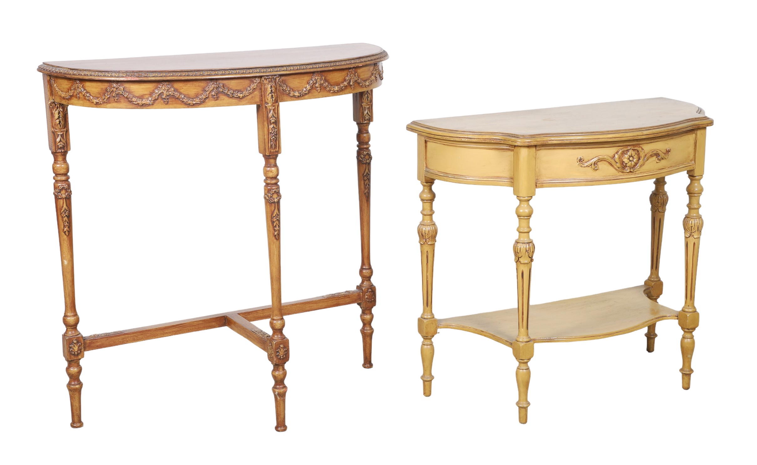 (2) Sheraton style console tables,