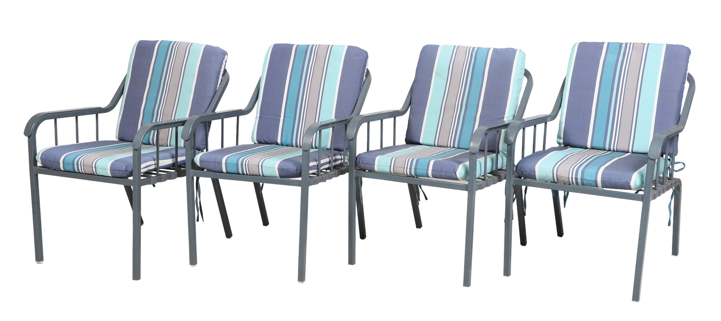 (4) Patio armchairs, striped cushions,