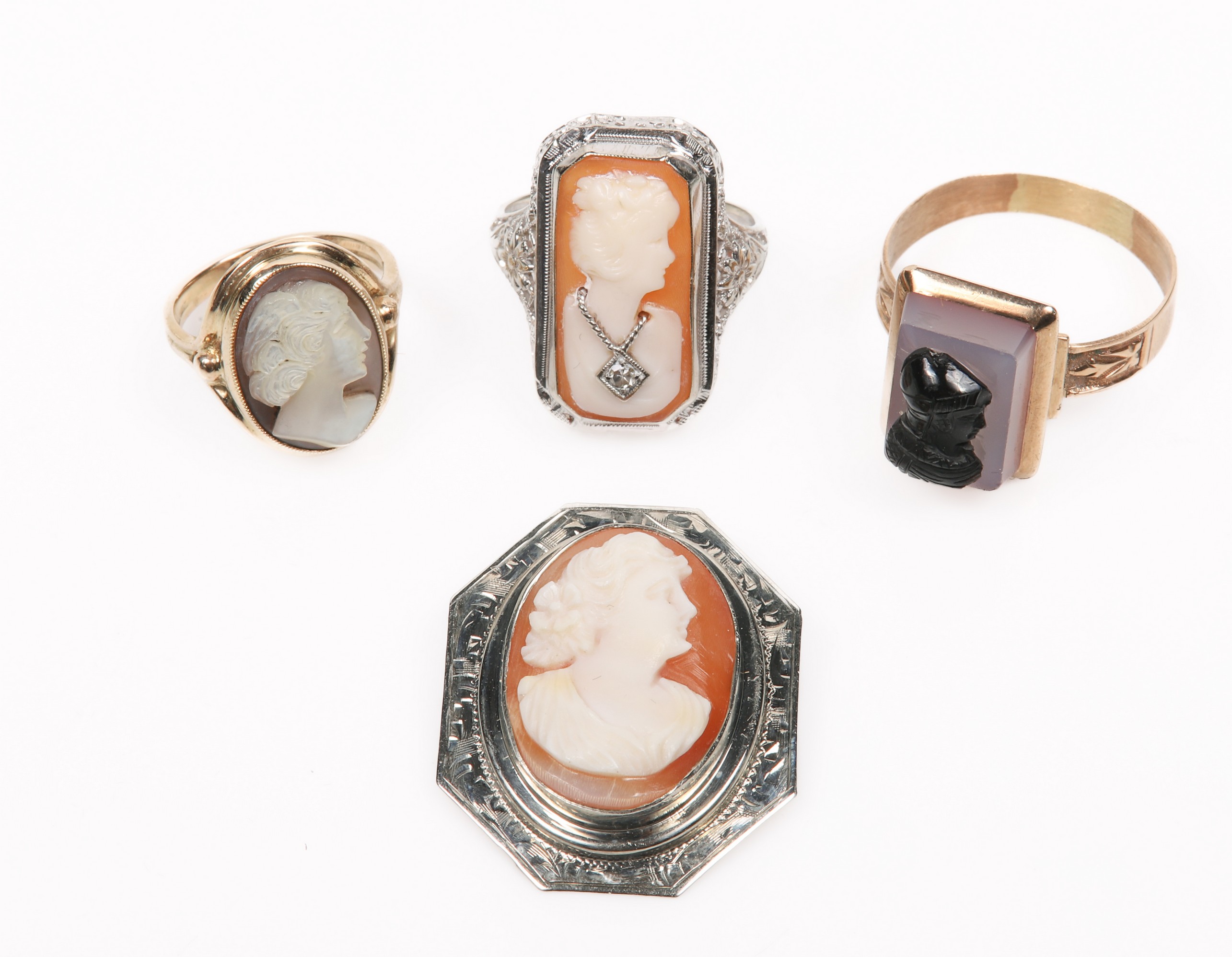 (4) Cameo rings and brooch to include
