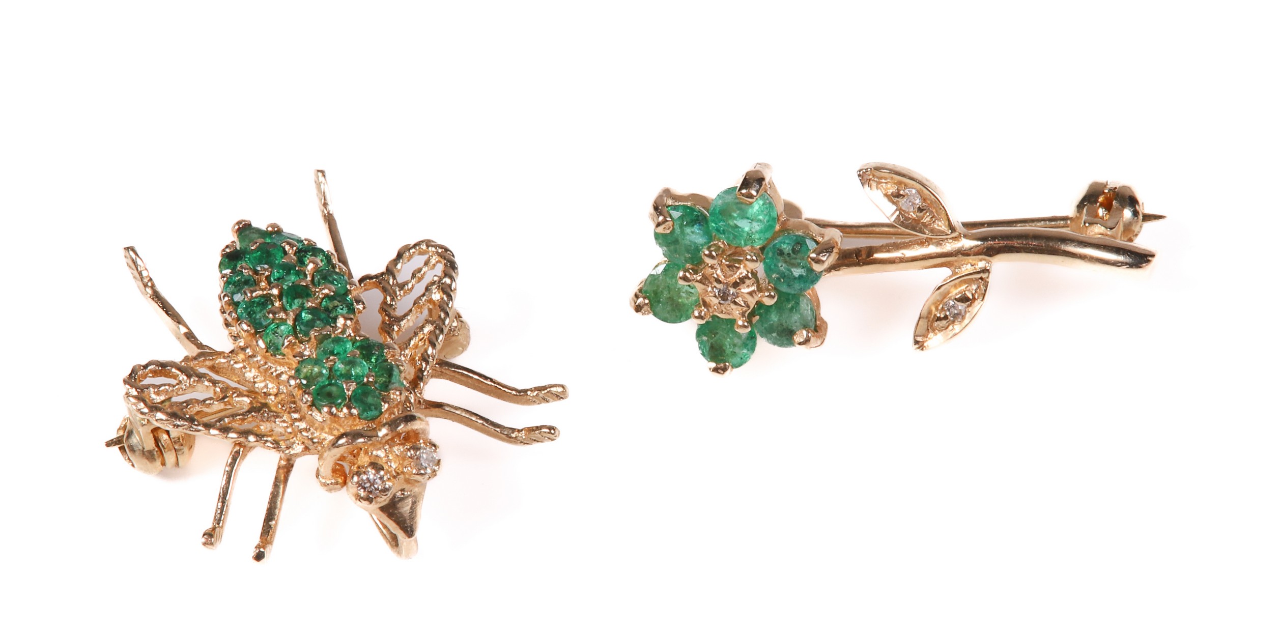 (2) 10K Yellow gold emerald pins,