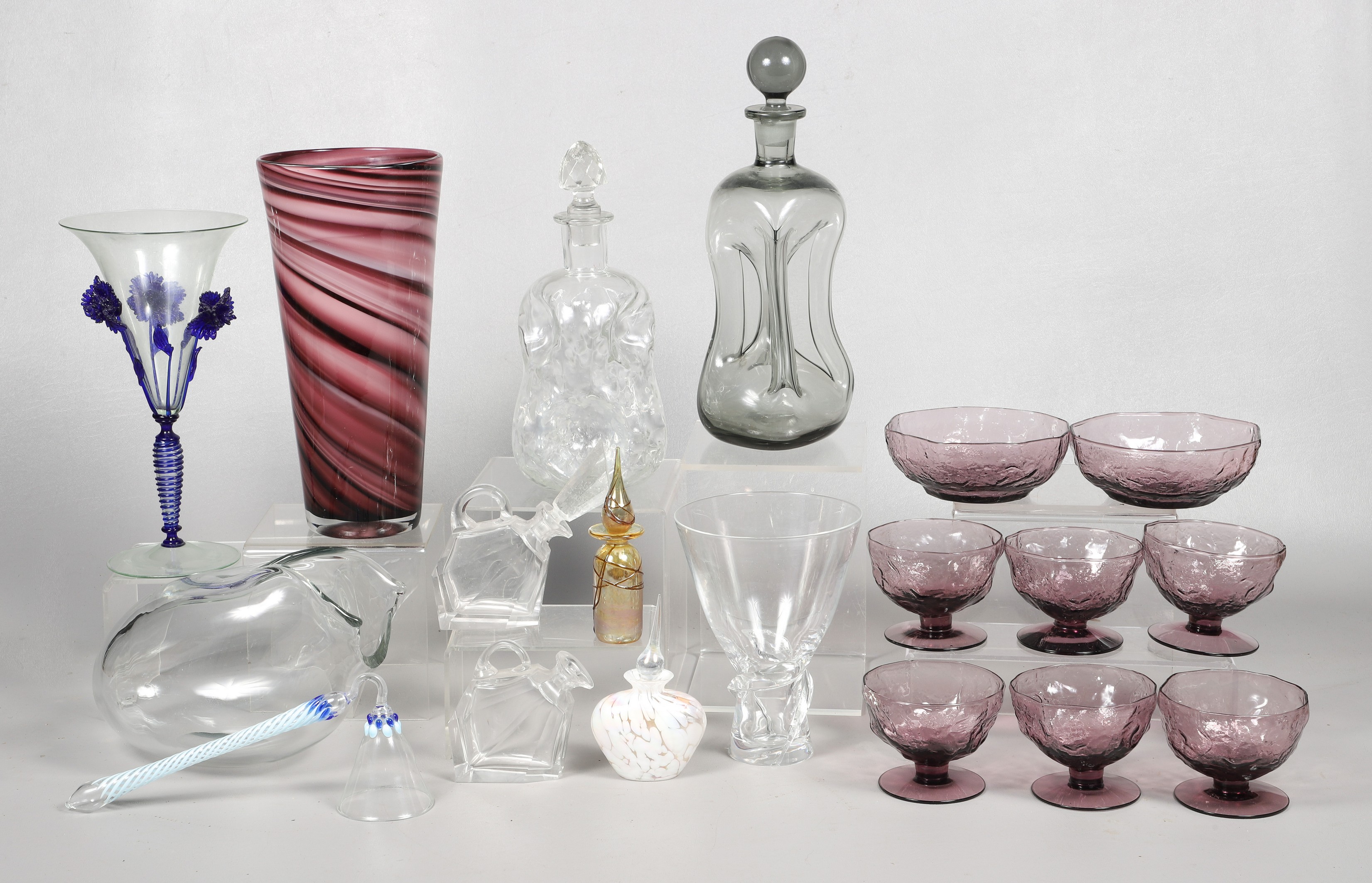 Modern glass decanters, vase, table