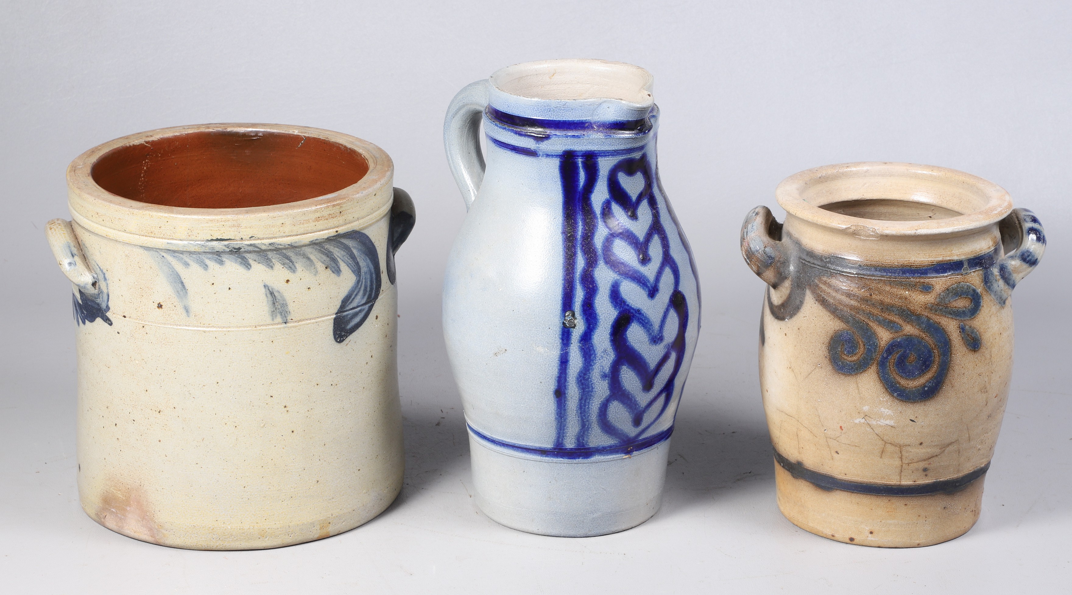 (3) Blue decorated stoneware items,