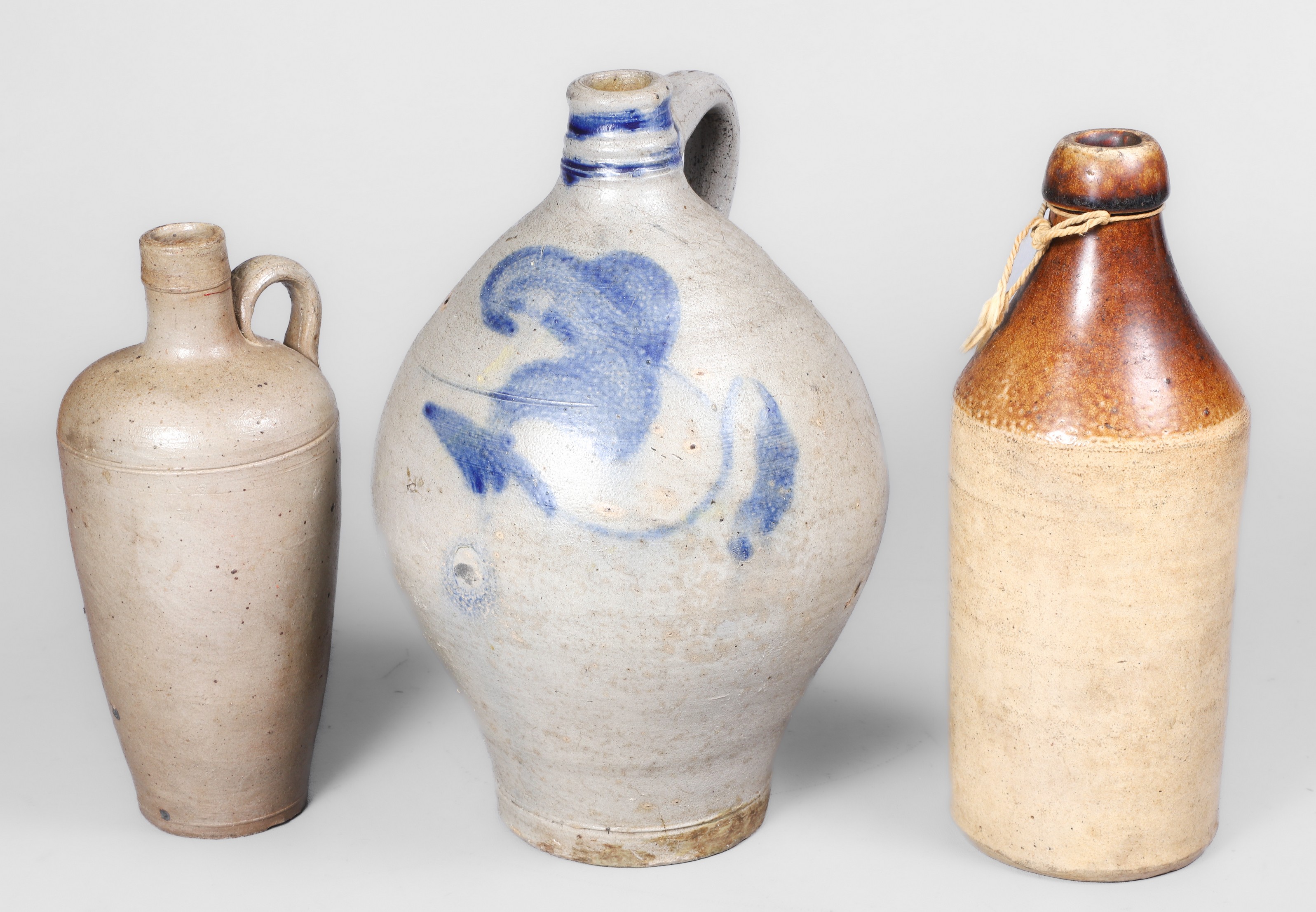 (3) Stoneware bottles, c/o blue