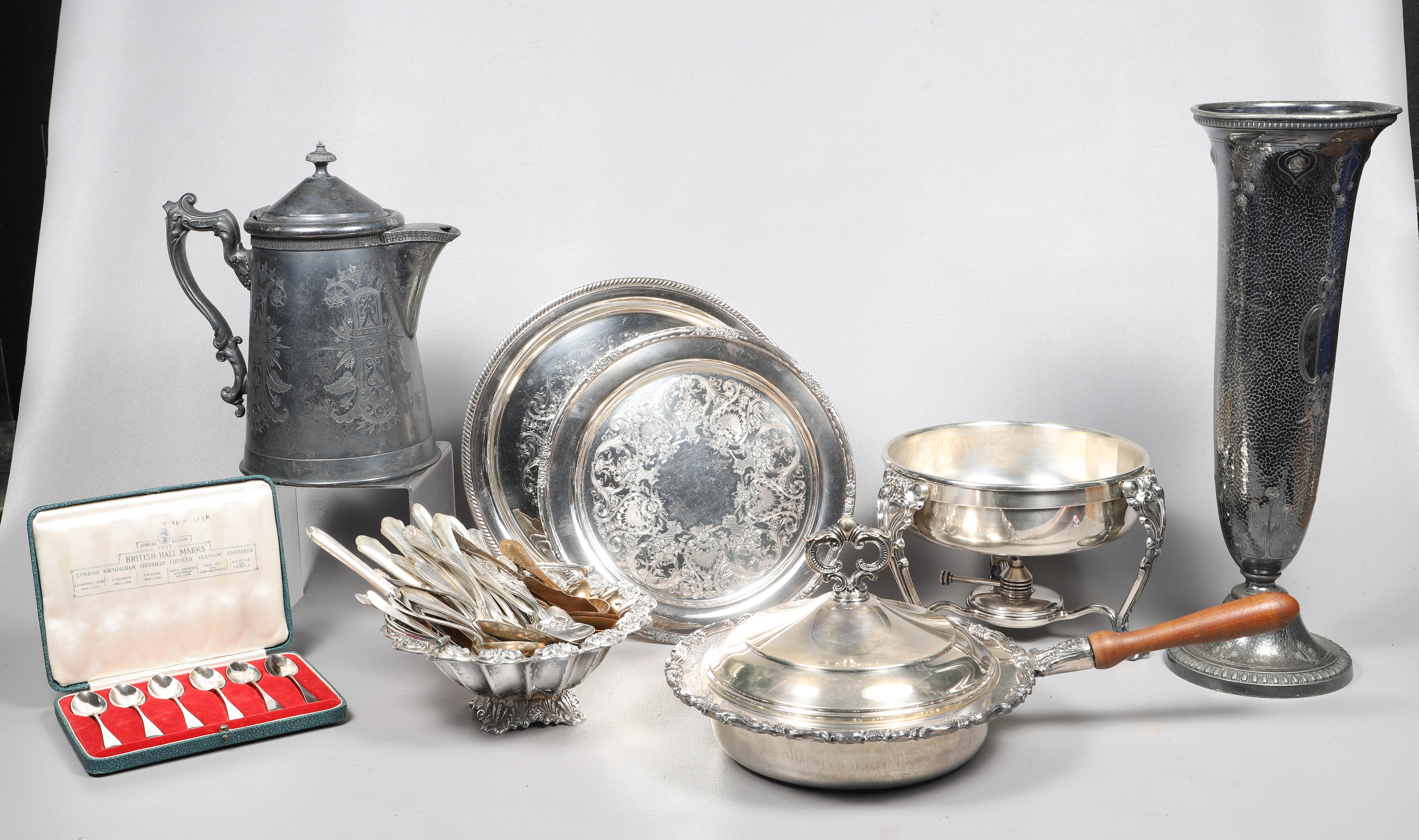 silver plate vase, pitcher and table