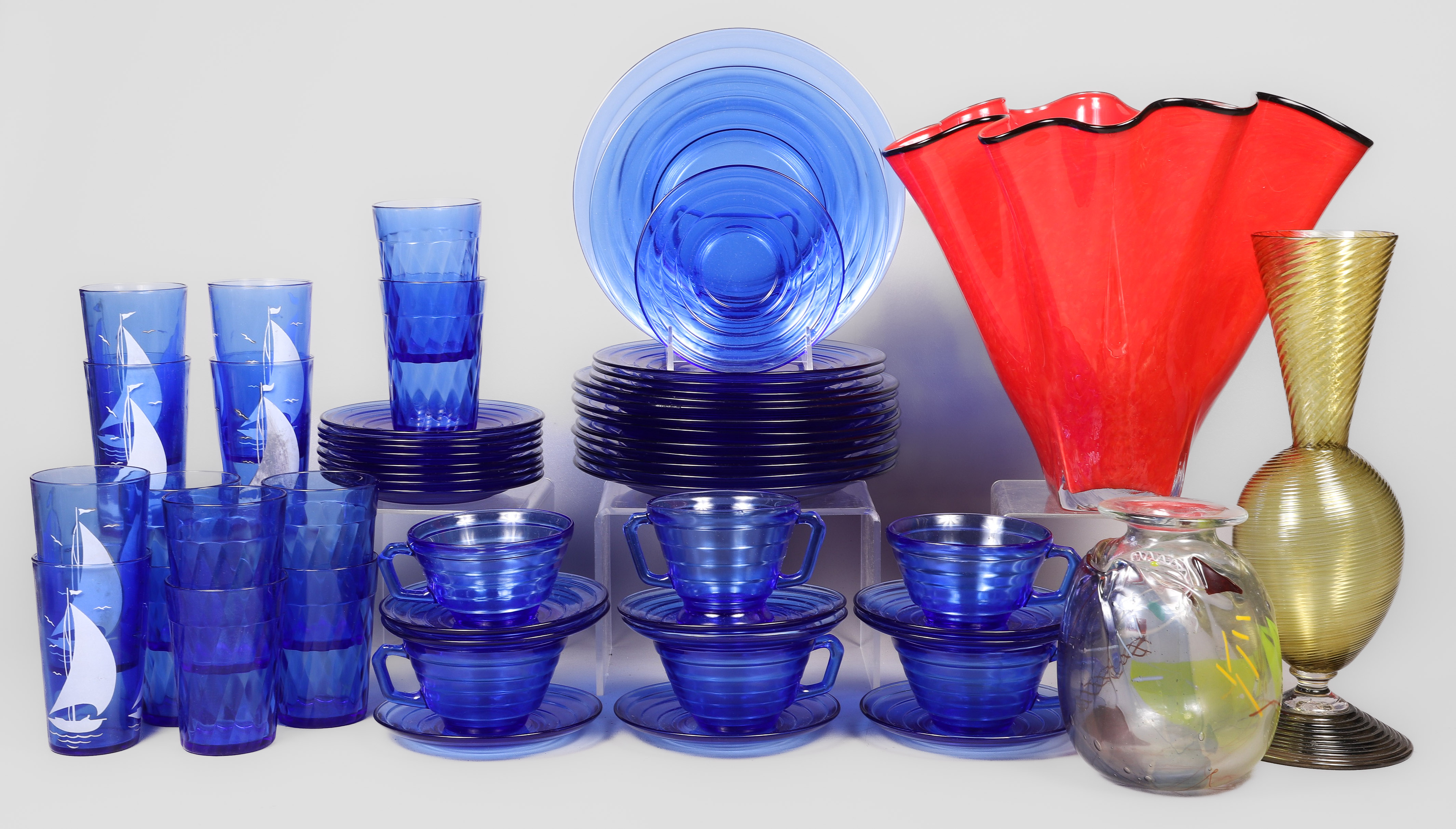 Art glass vases and blue glass