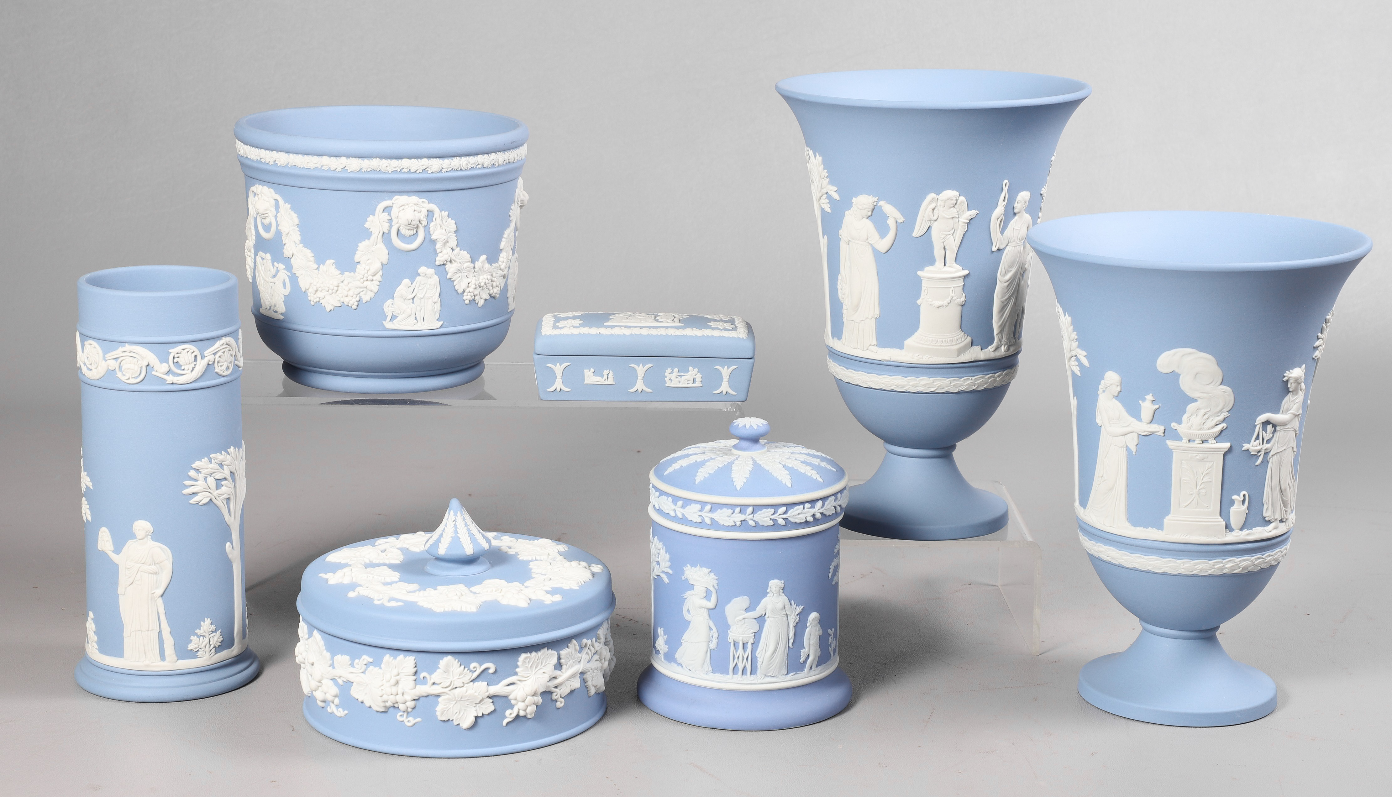 (7) Pcs white on light blue Jasperware,