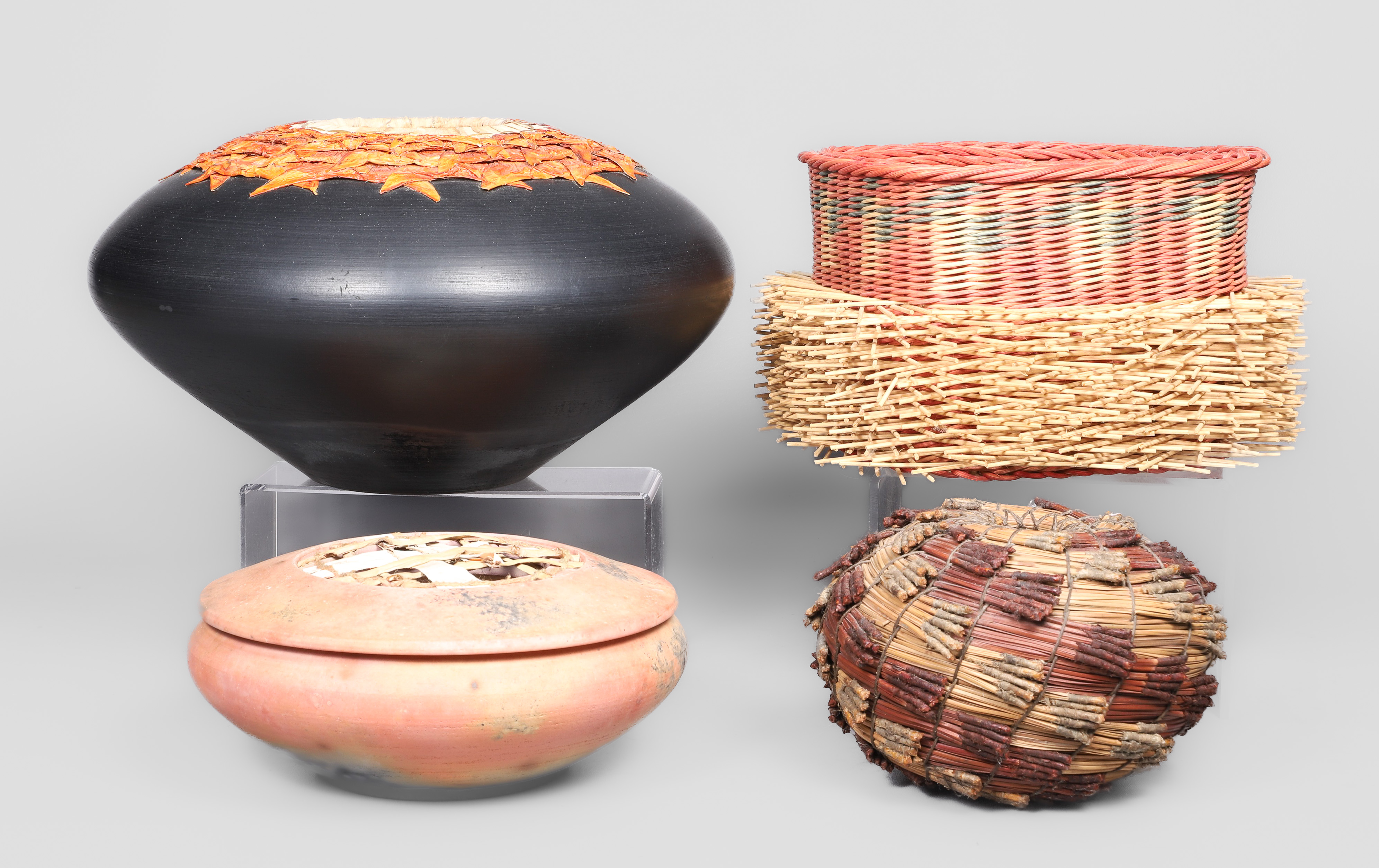 (4) Artist made pottery and baskets