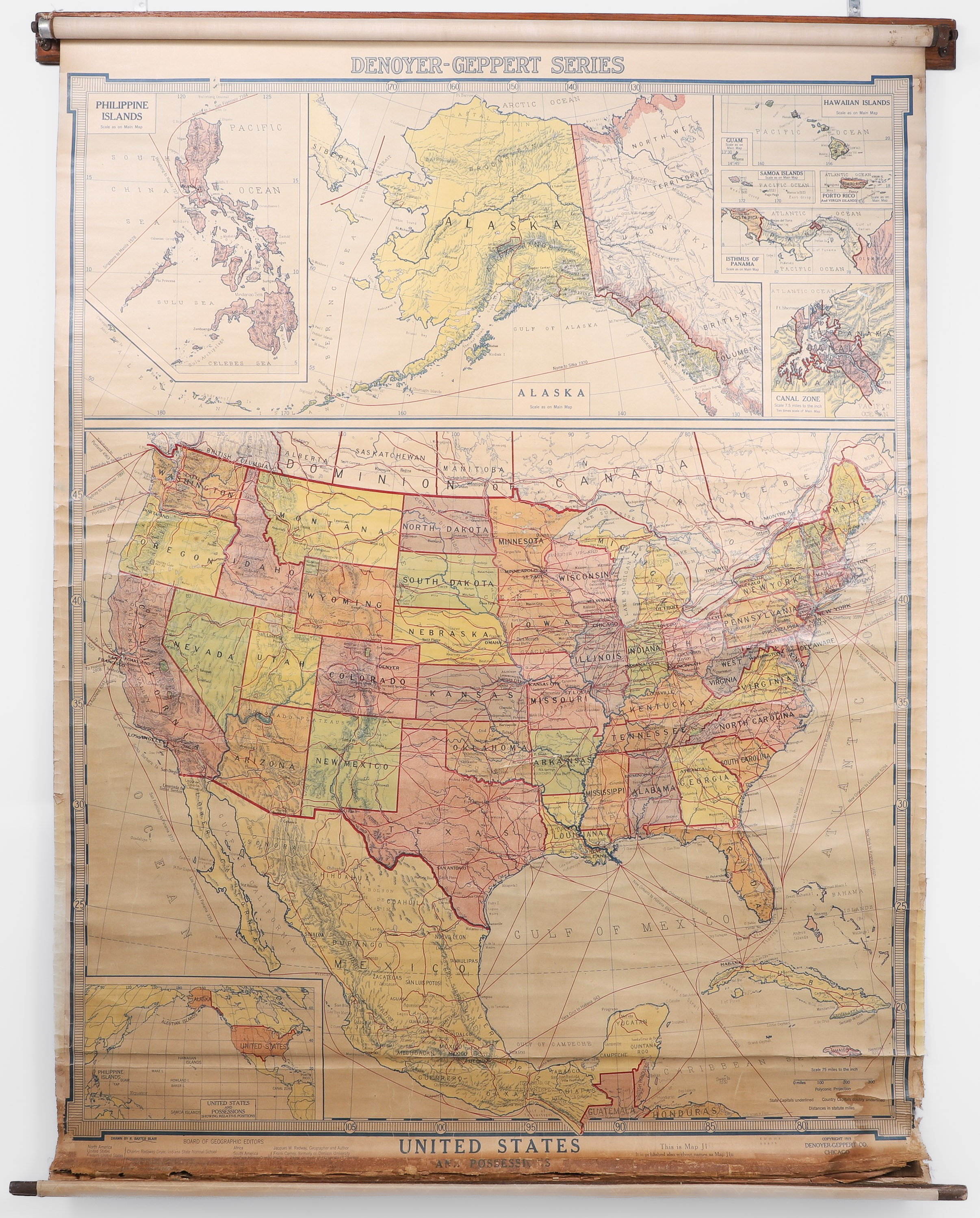 A large roll-up school wall map of the