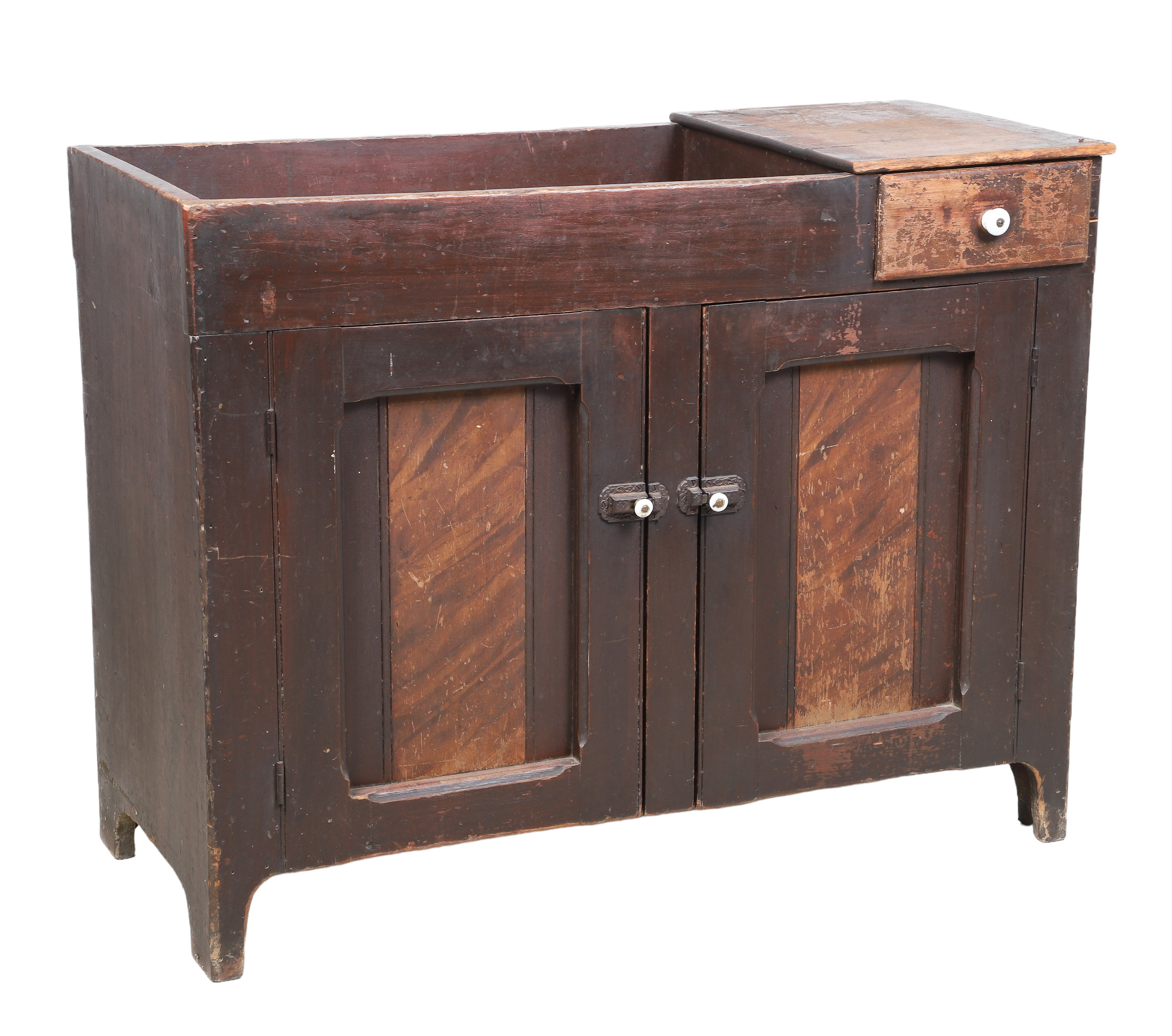 Pine dry sink, short drawer over two