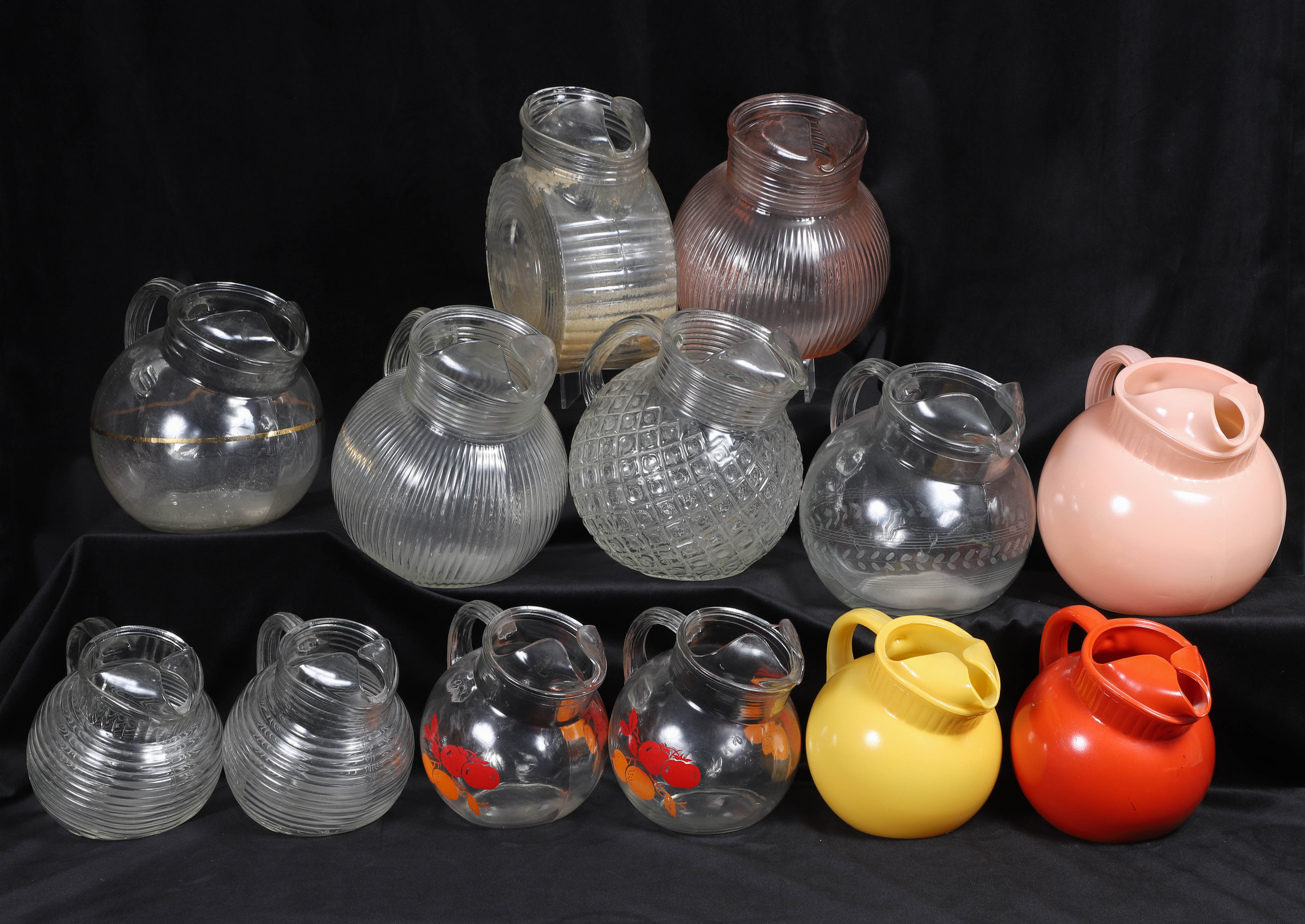 (13) Glass ball pitchers, 6-1/4H smallest,