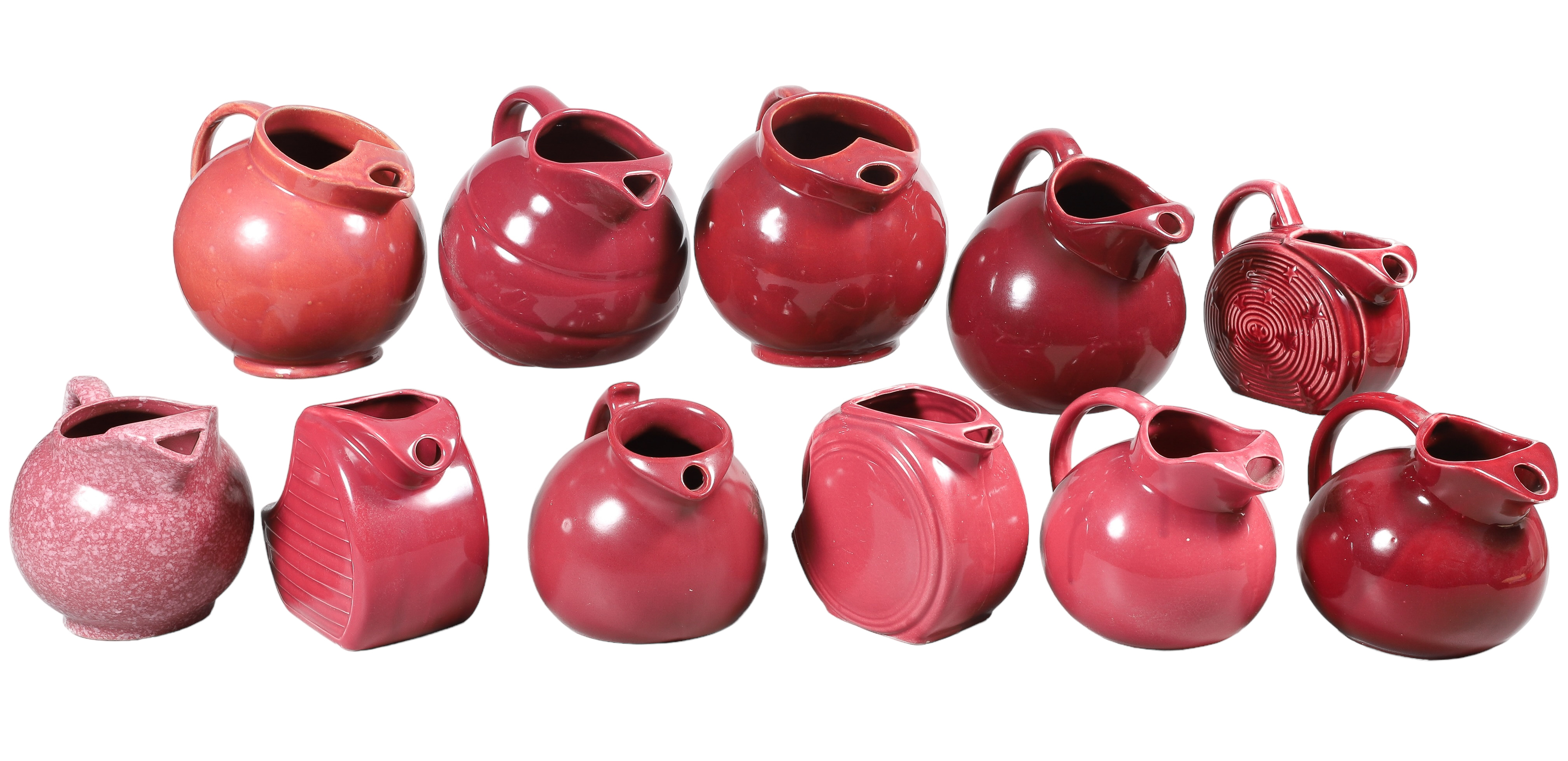 (11) Maroon pottery pitchers c/o