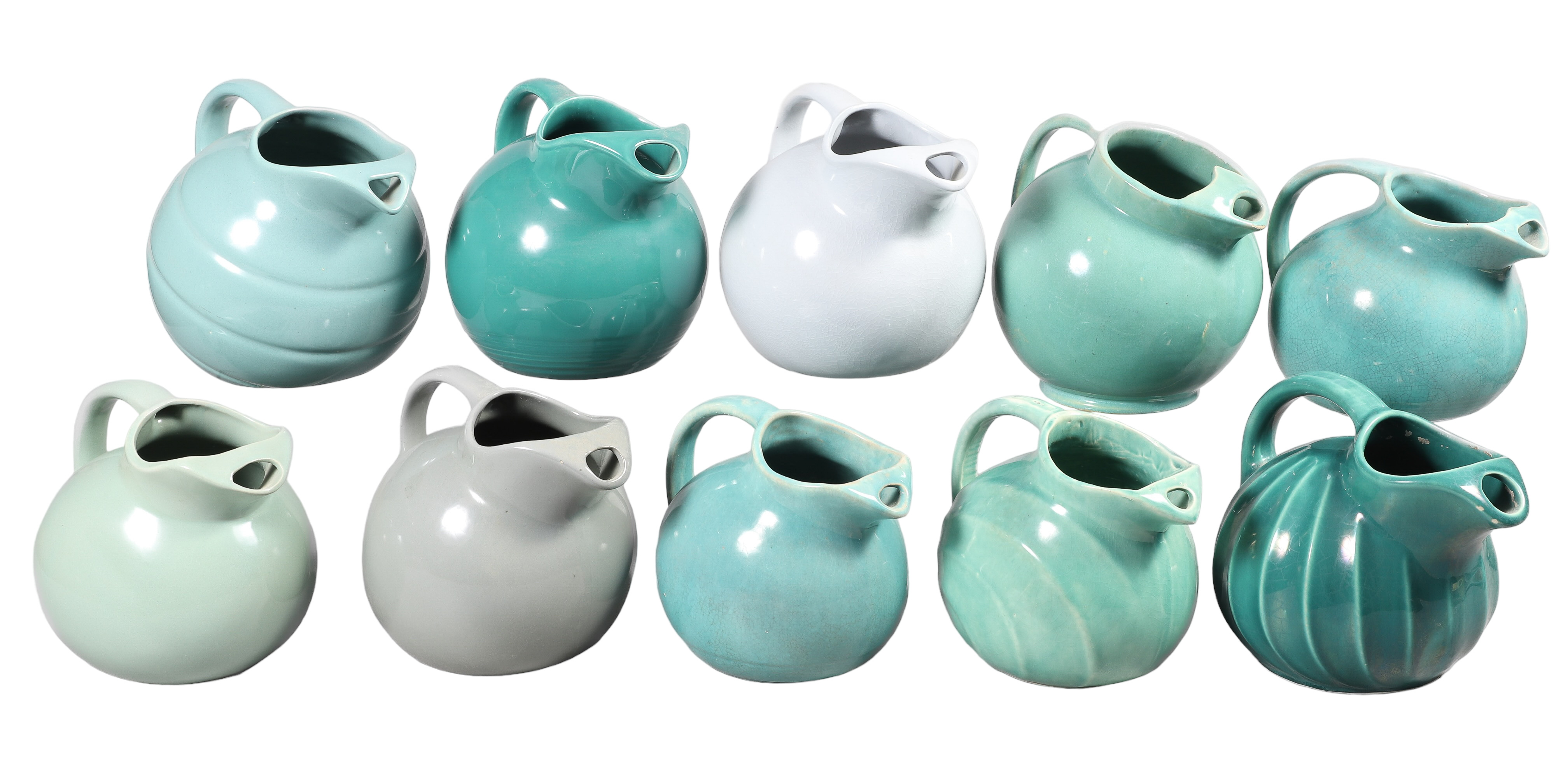 (10) Aqua pottery pitchers c/o