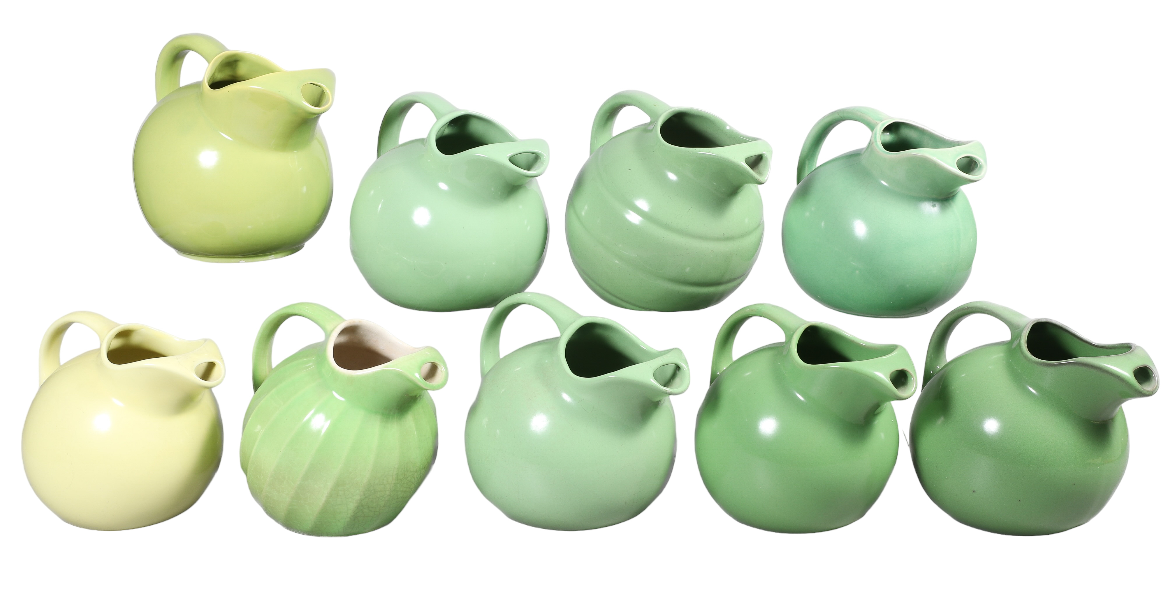 (9) Lime green pottery pitchers