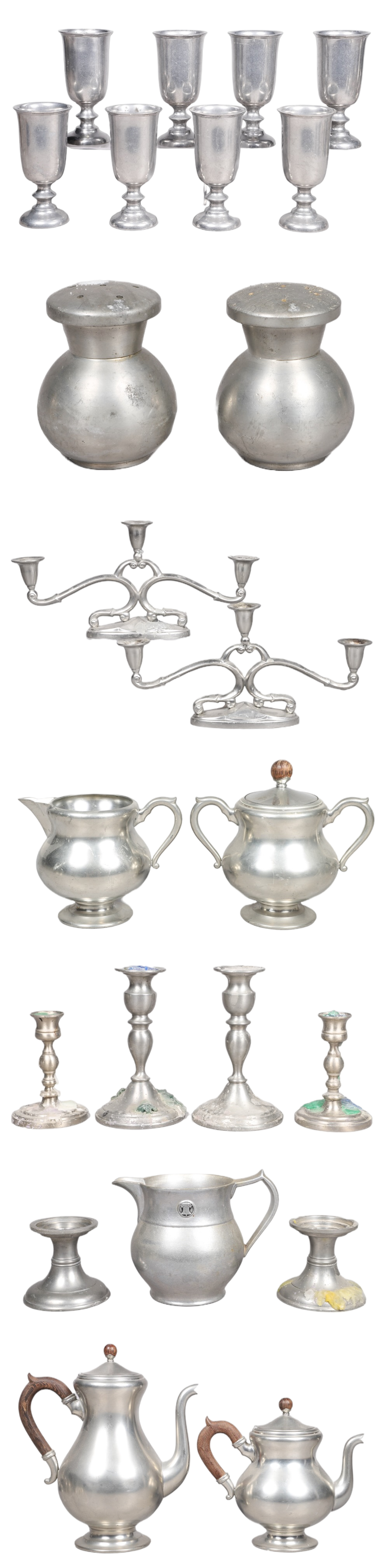 Pewter goblets, candelabras, tea items,