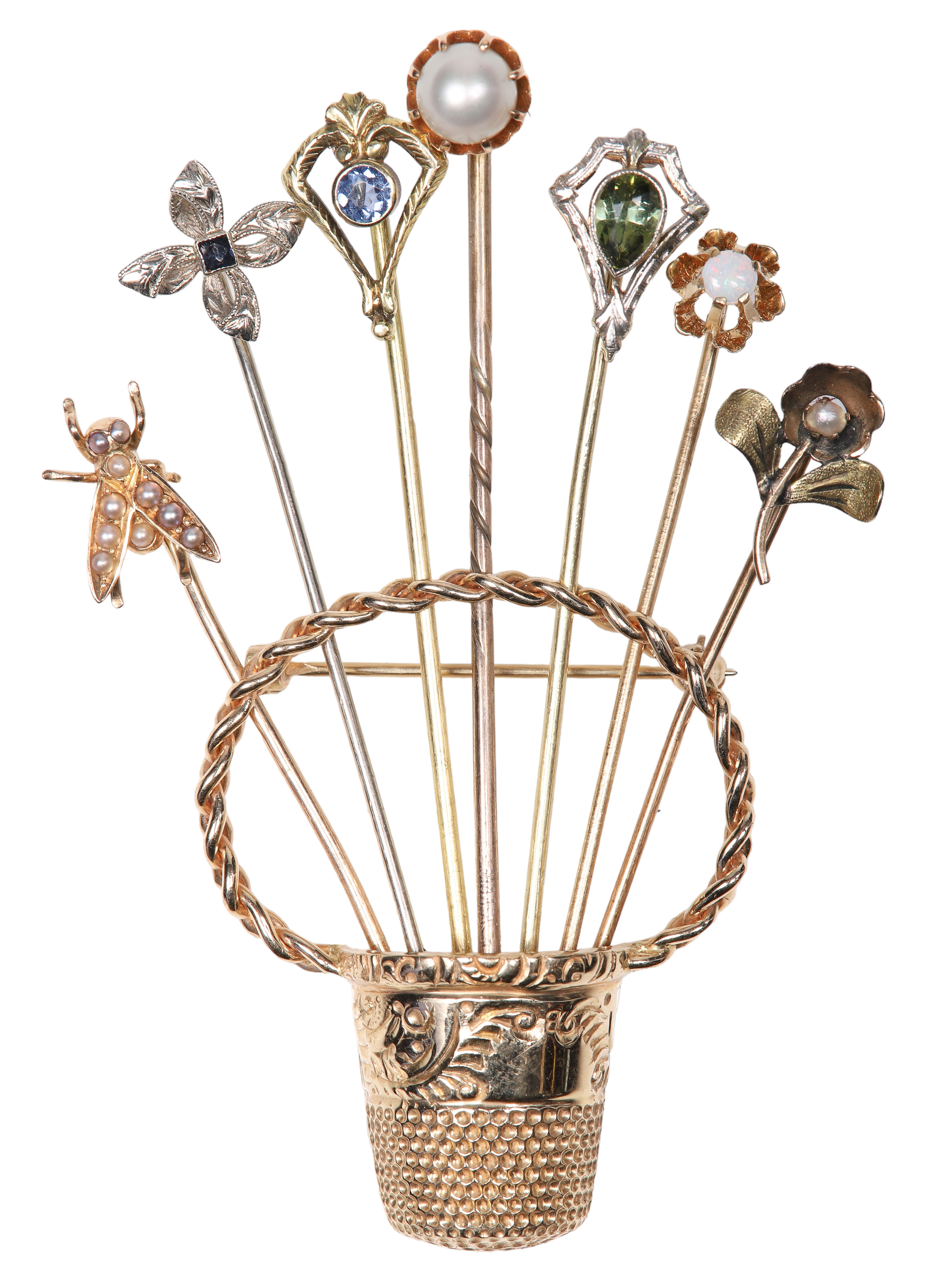 14K Stick pin thimble basket brooch,