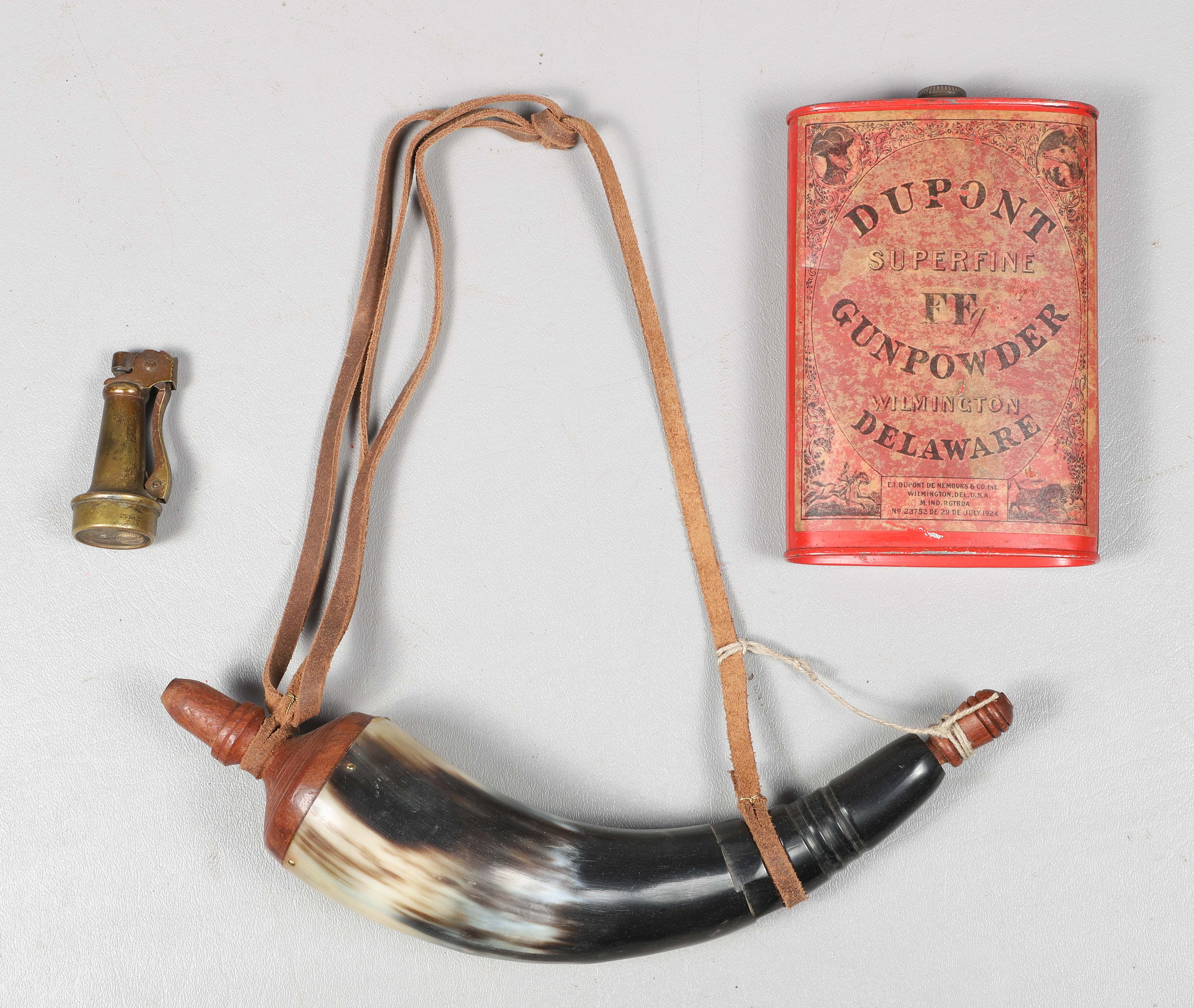 (3) Items, c/o horn & wood powderhorn