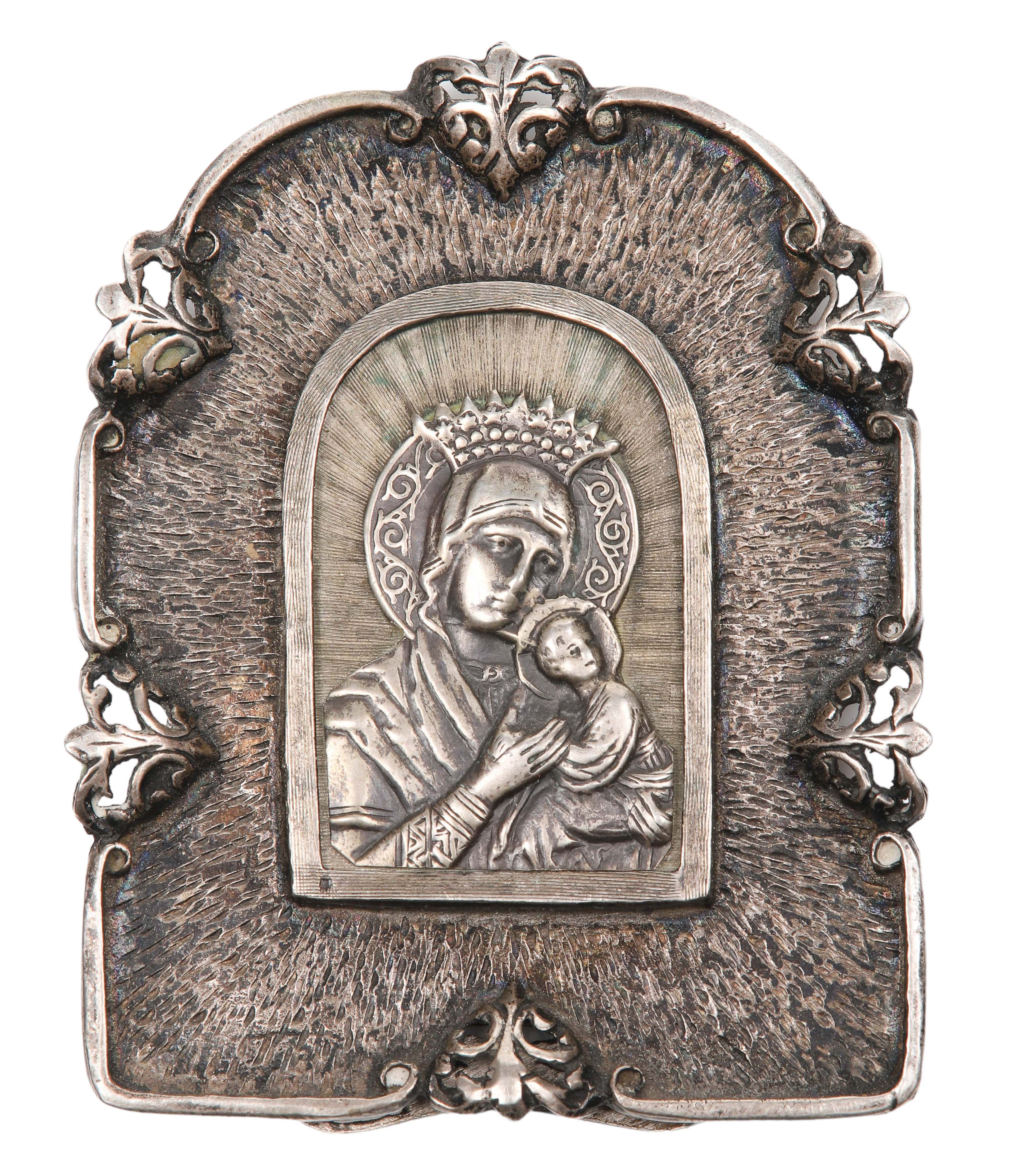 A Russian silver icon on stand,