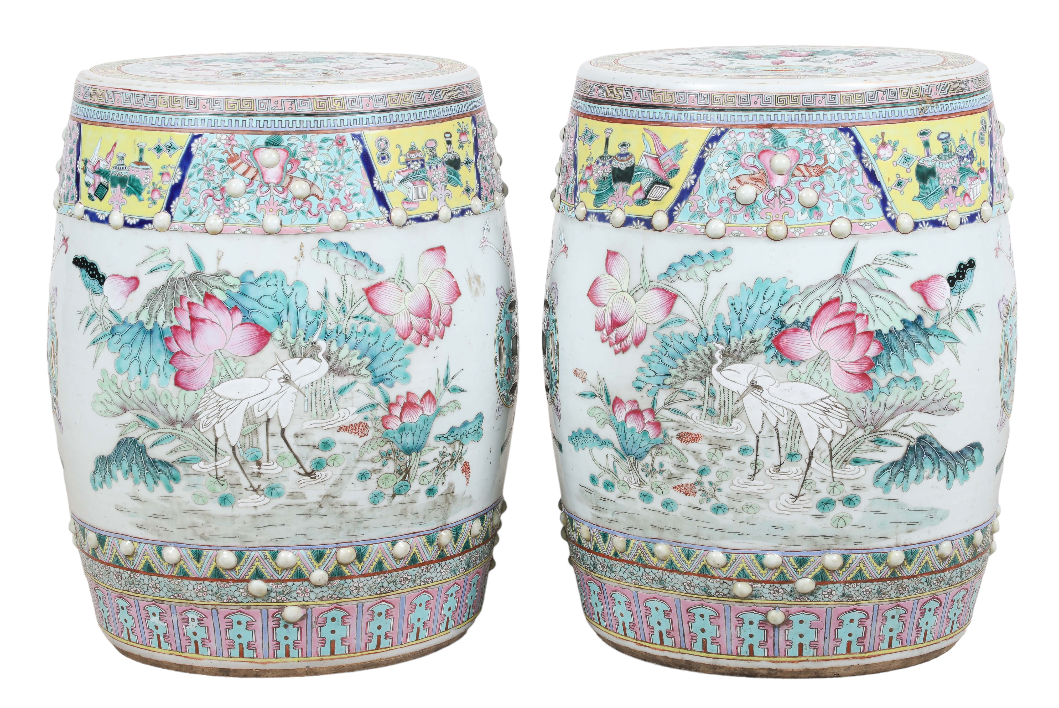 Chinese famille rose stool pair,
