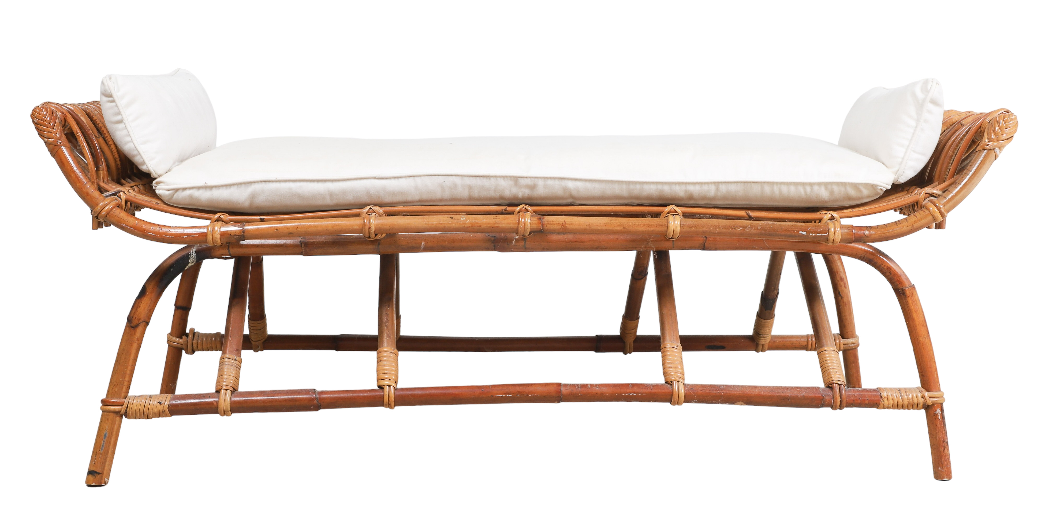 Bamboo bench, white upholstered