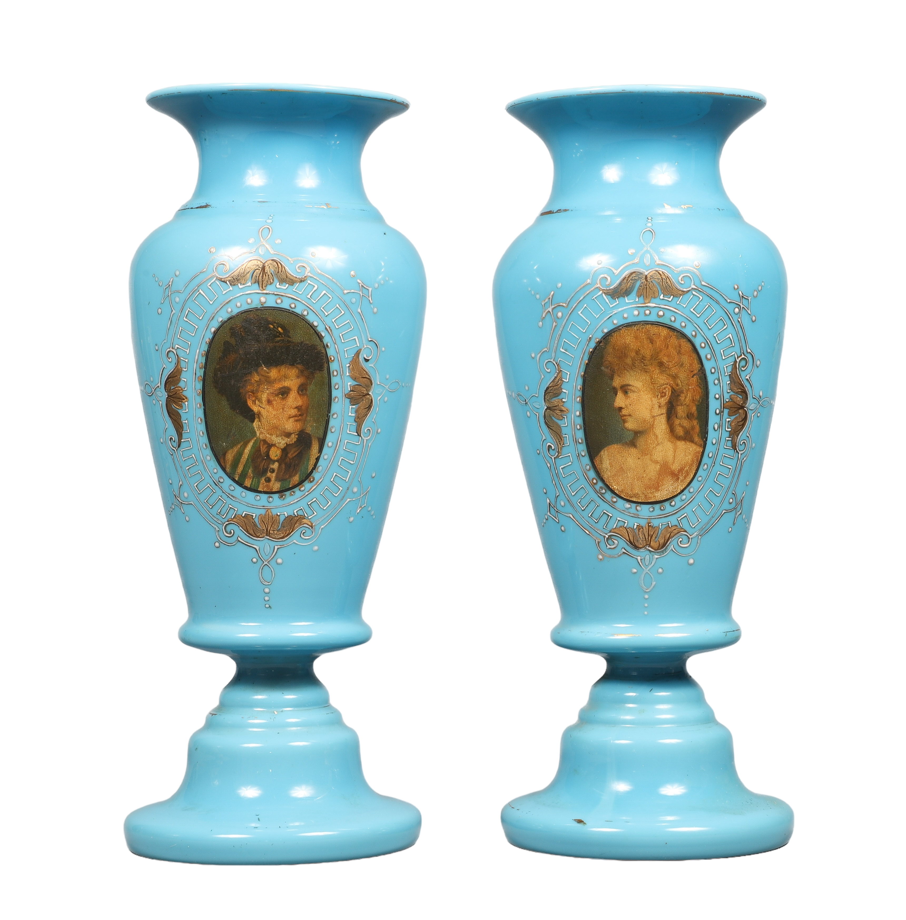 Pair of blue opaline glass footed