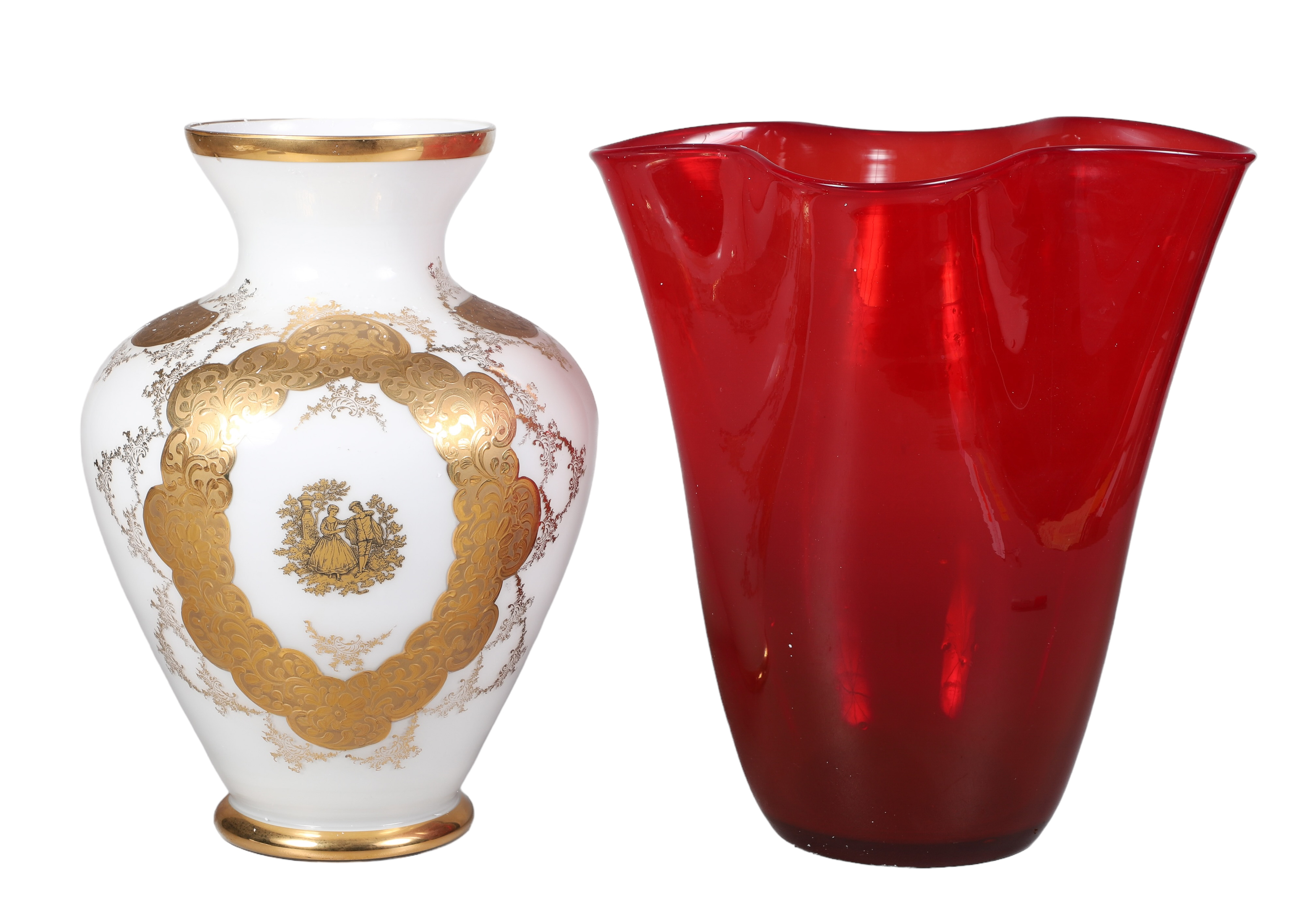 (2) Large glass vases, c/o ruby