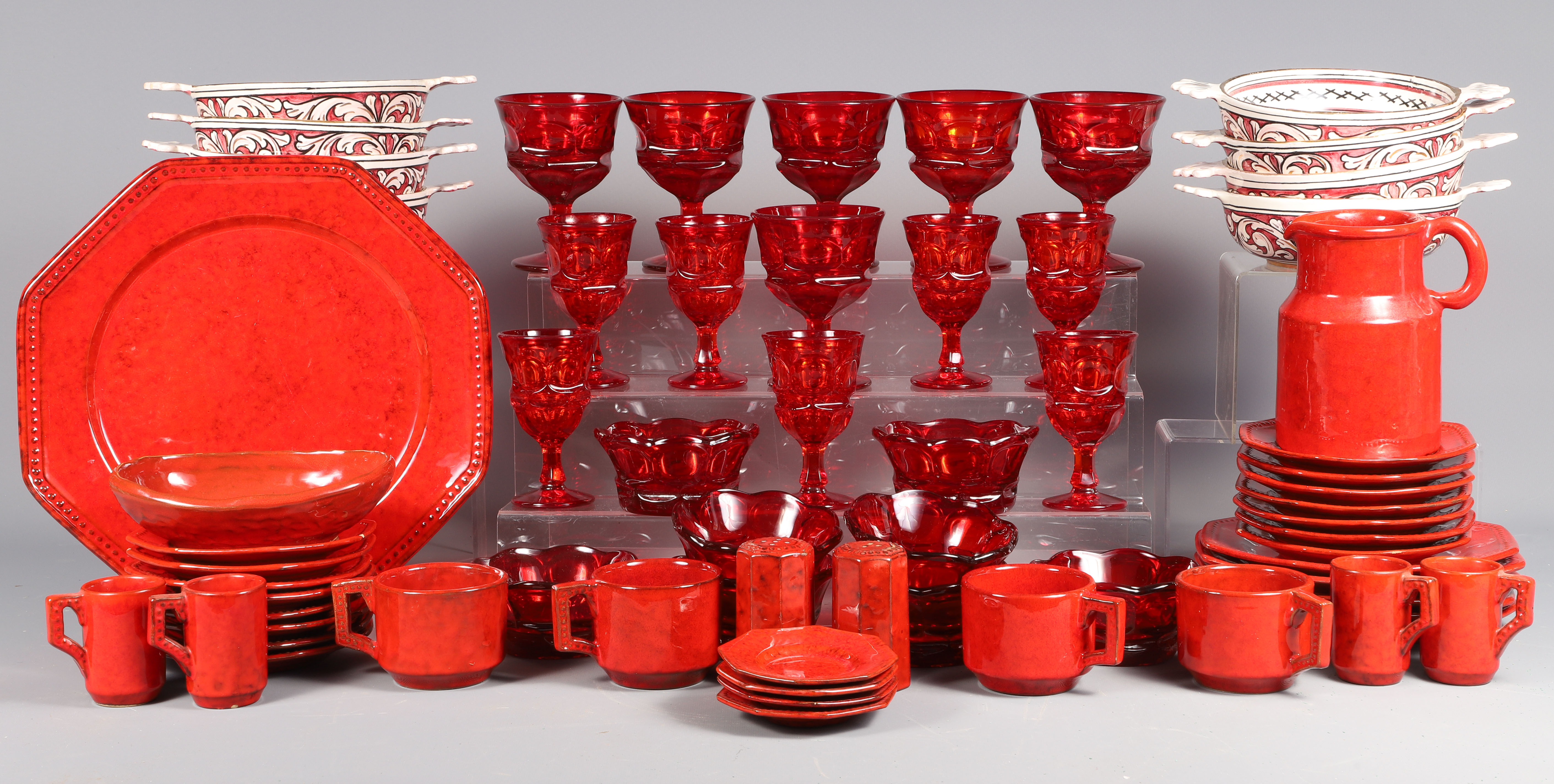PV Pottery Dinnerware, Red Glassware,