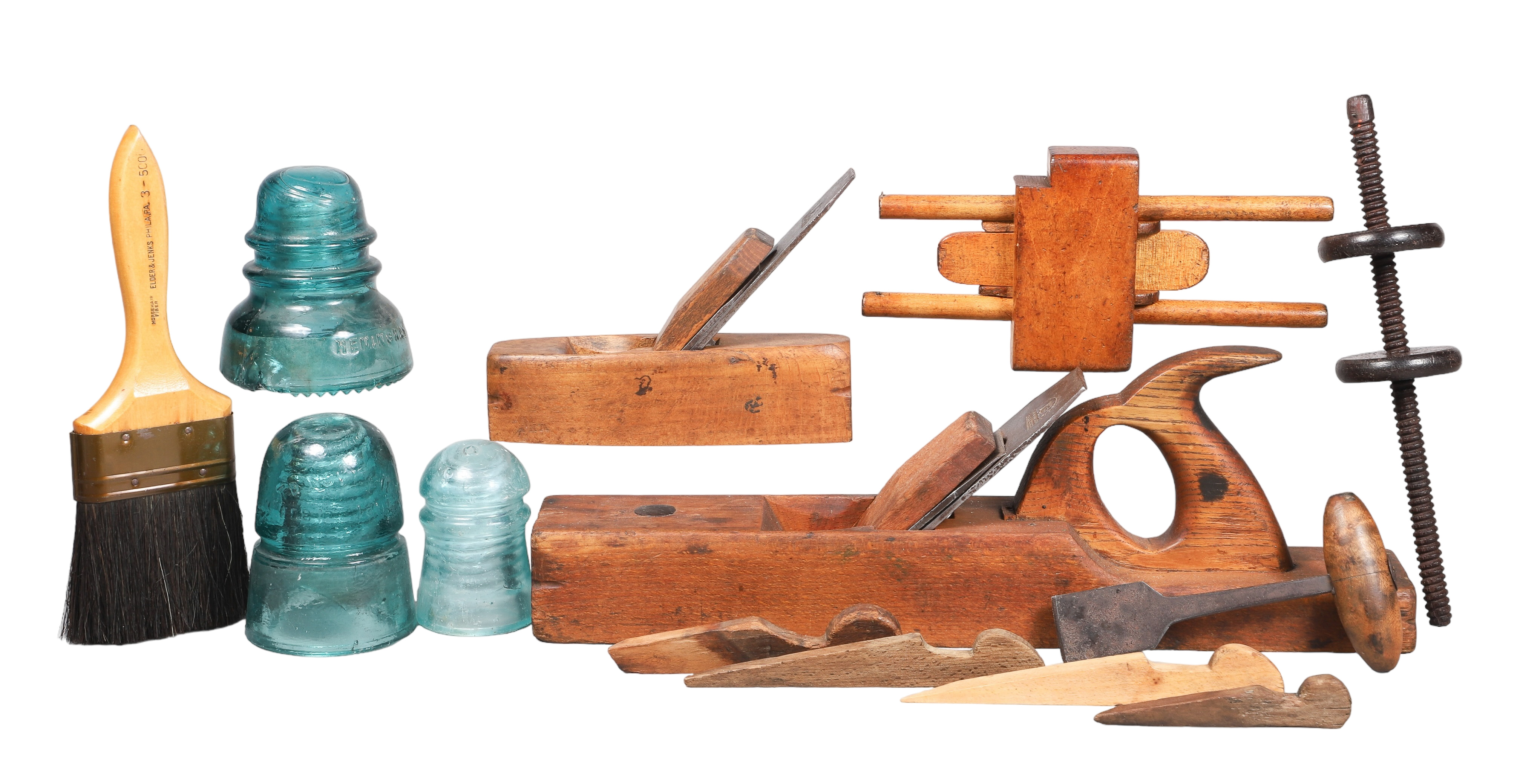 Lot of wood tools & glass insulators,