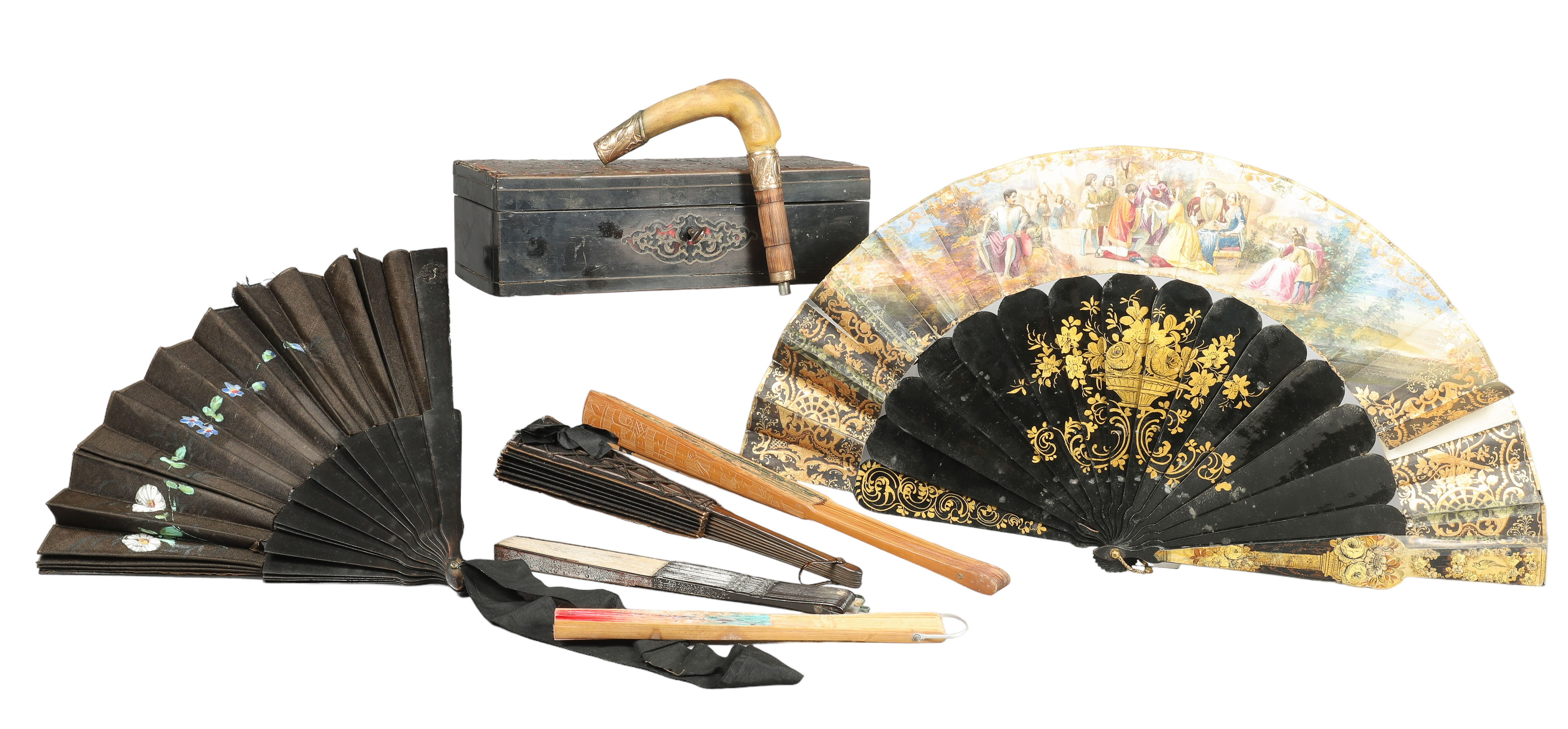 Antique fans, fan box and cane