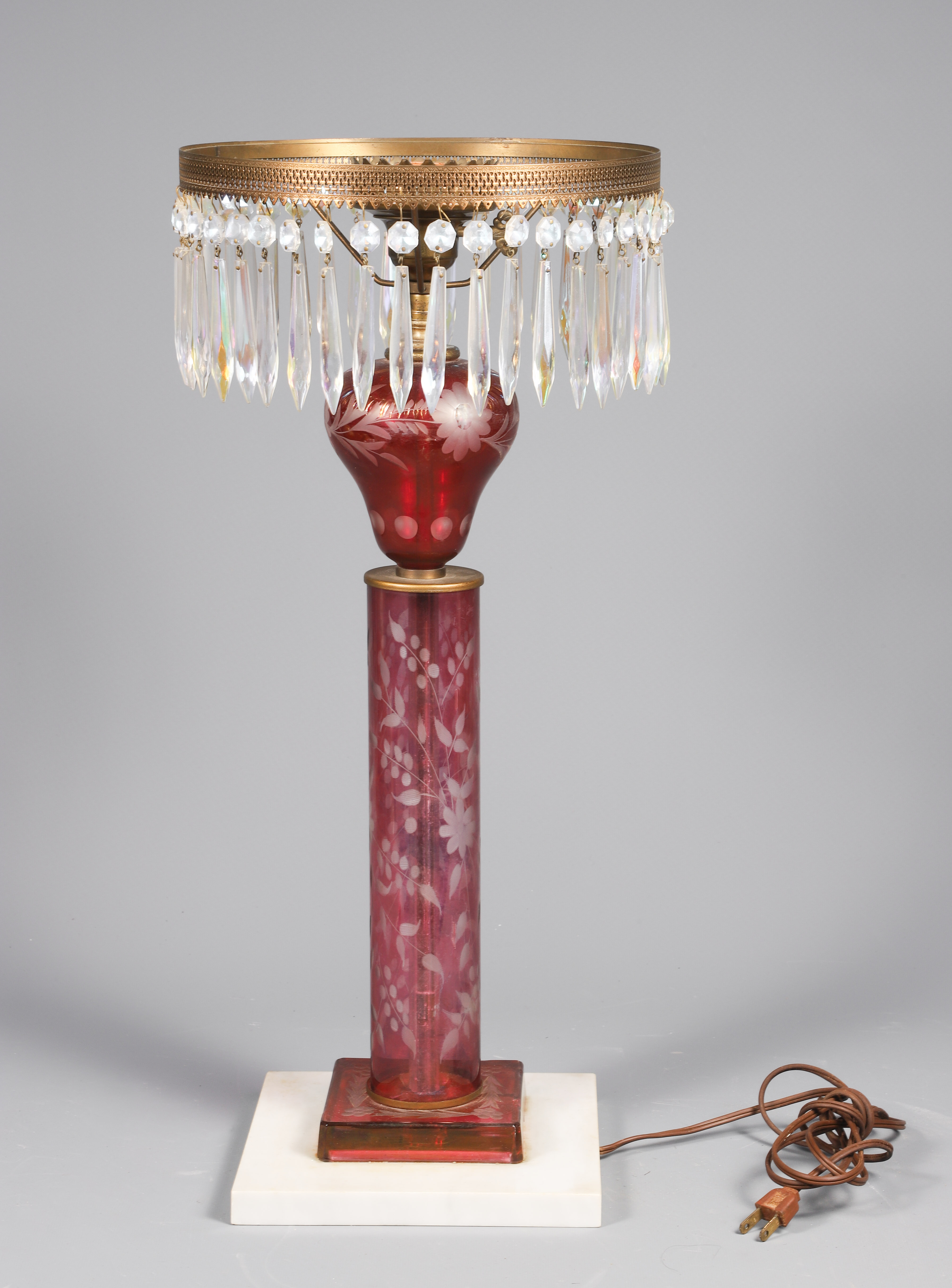 Banquet lamp, etched cranberry